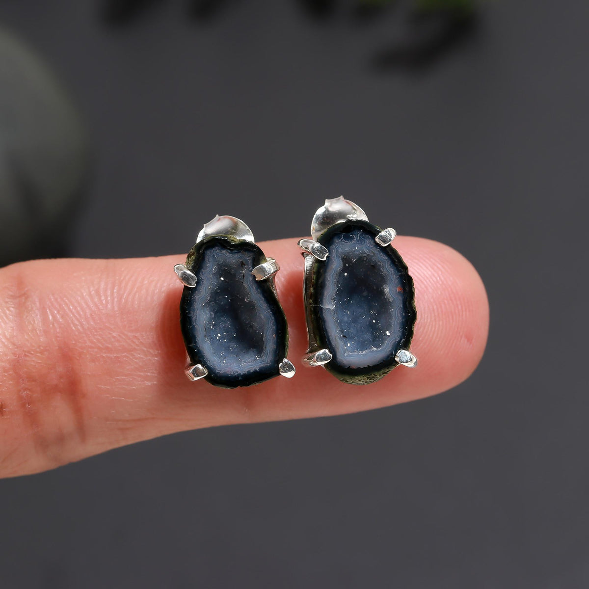925 Silver Natural Drusy Slice Stud Earrings