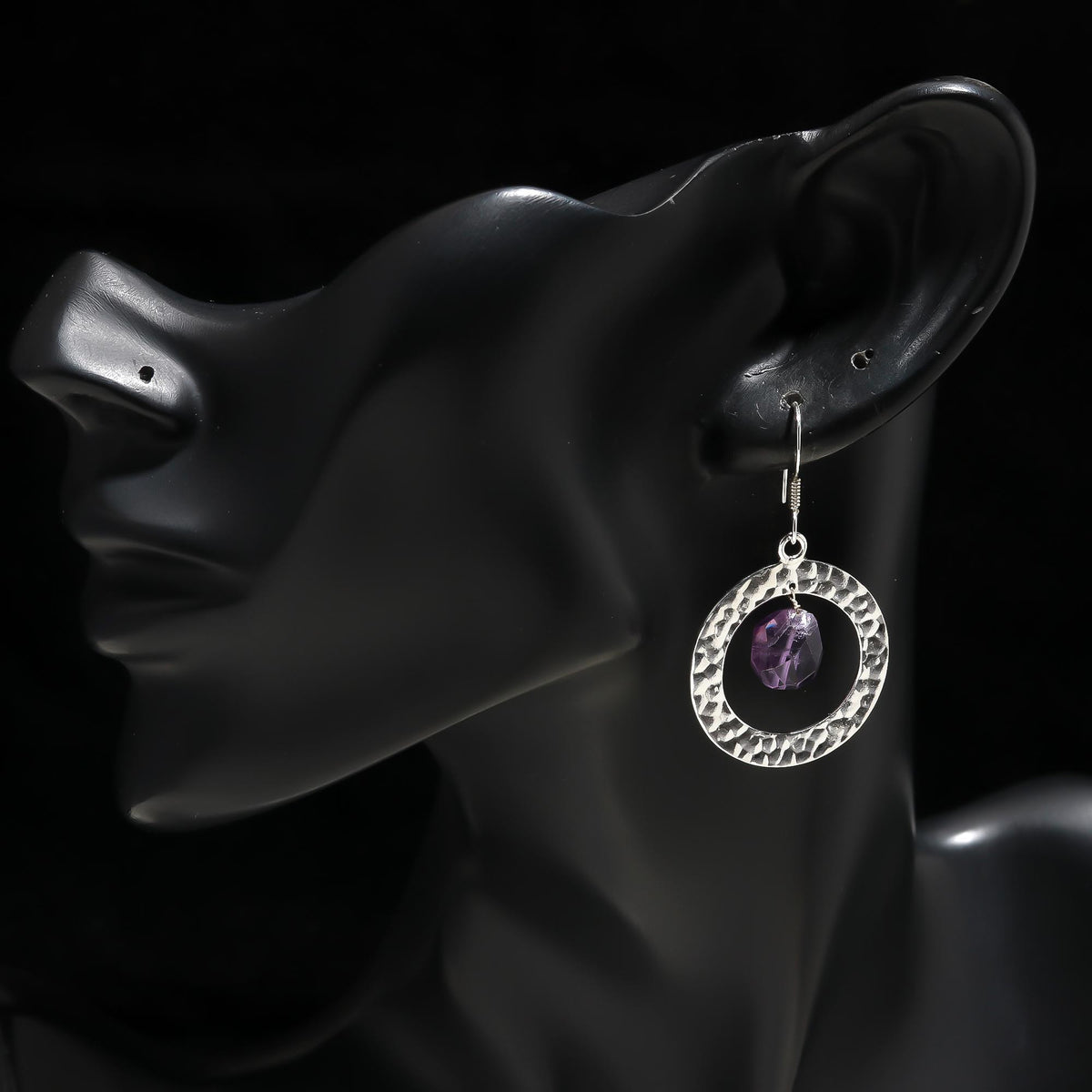 925 Silver Hammered Circle Amethyst Dangle Earrings