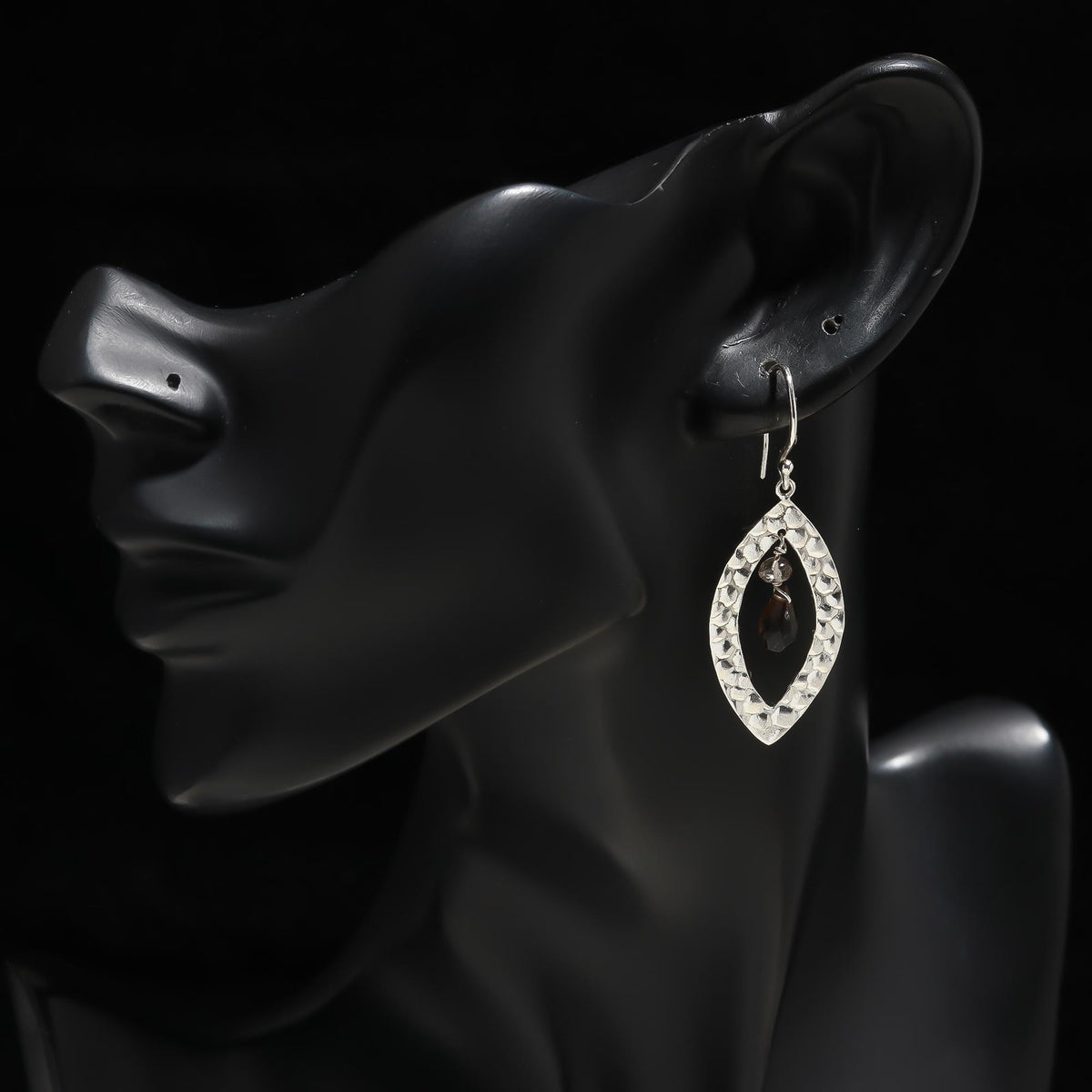 925 Silver Hammered Garnet Dangle Earrings