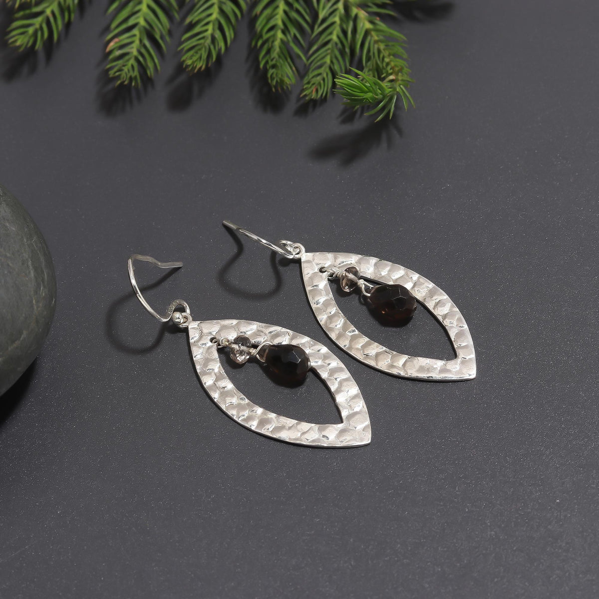 925 Silver Hammered Garnet Dangle Earrings