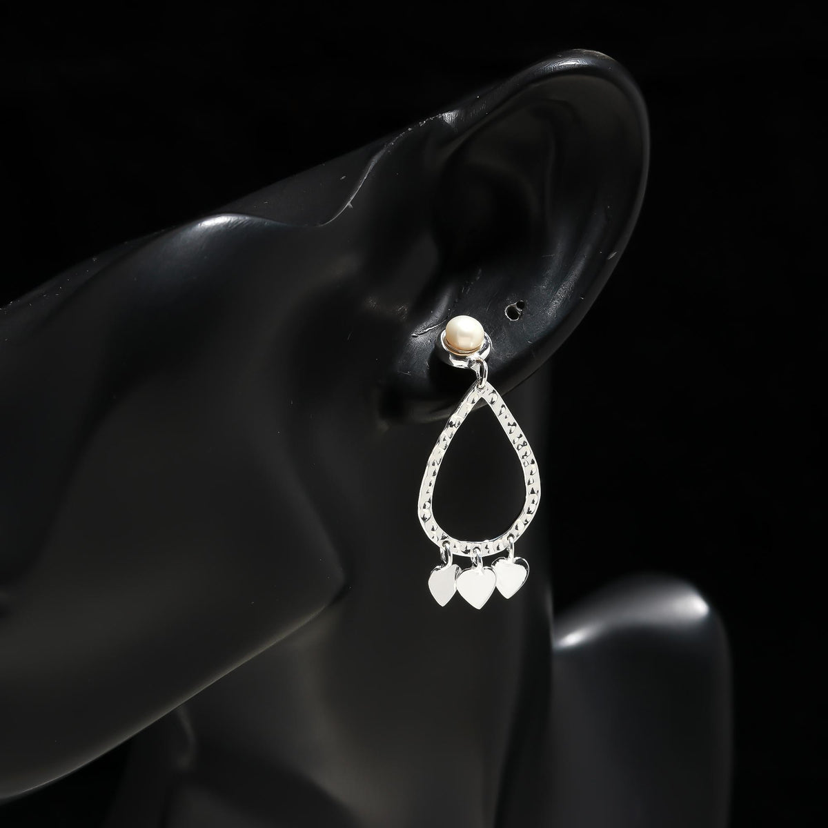 925 Silver Pearl and Heart Charm Drop Earrings