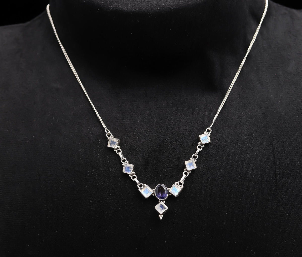 925 Silver Iolite and Rainbow Moonstone Necklace