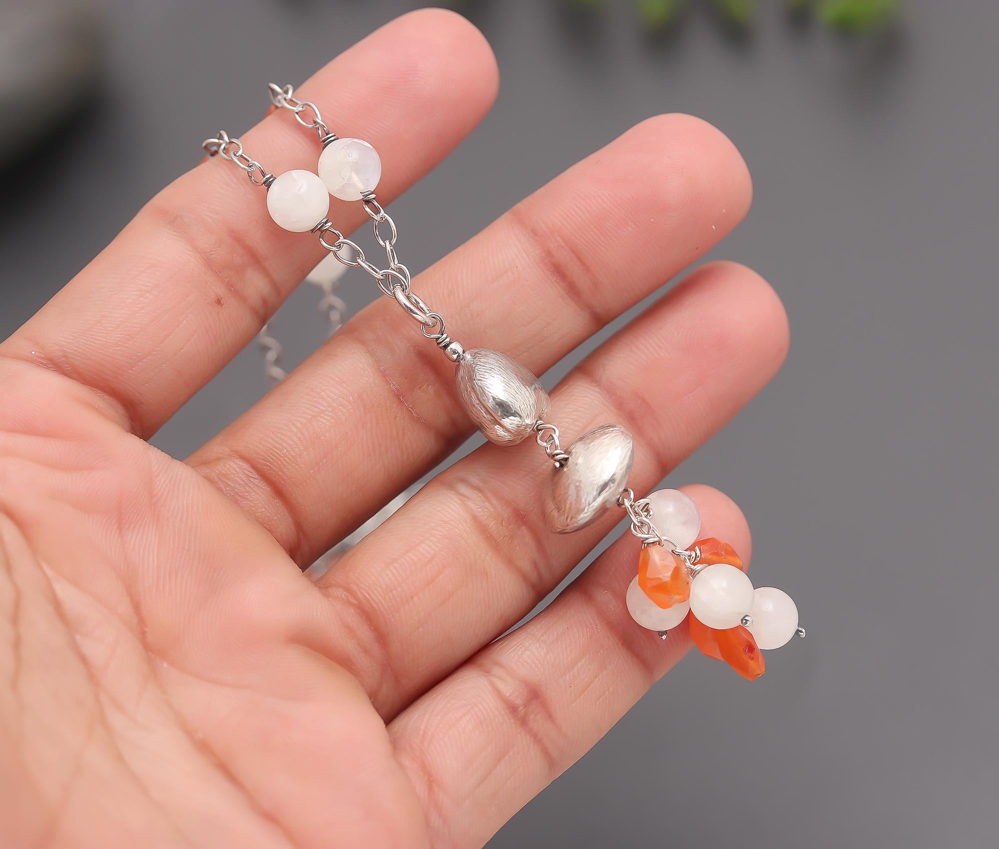 925 Silver Moonstone and Carnelian Beads Pendant Necklace