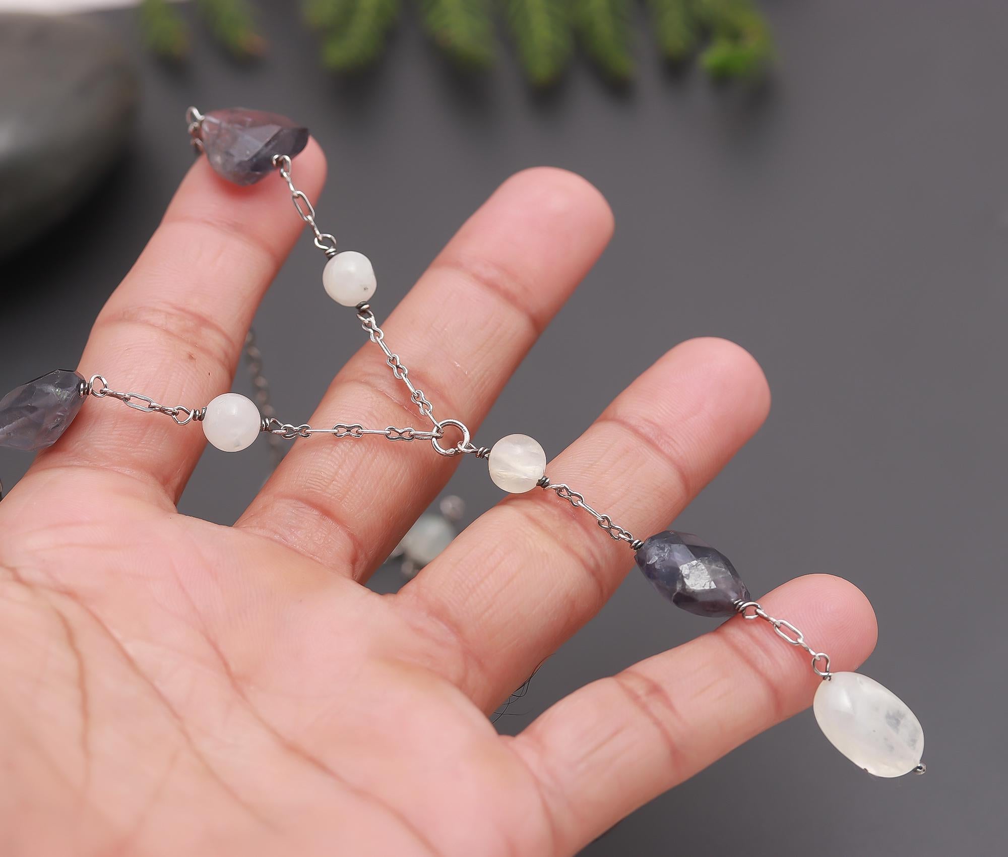 925 Silver Iolite and Moonstone Beads Necklace