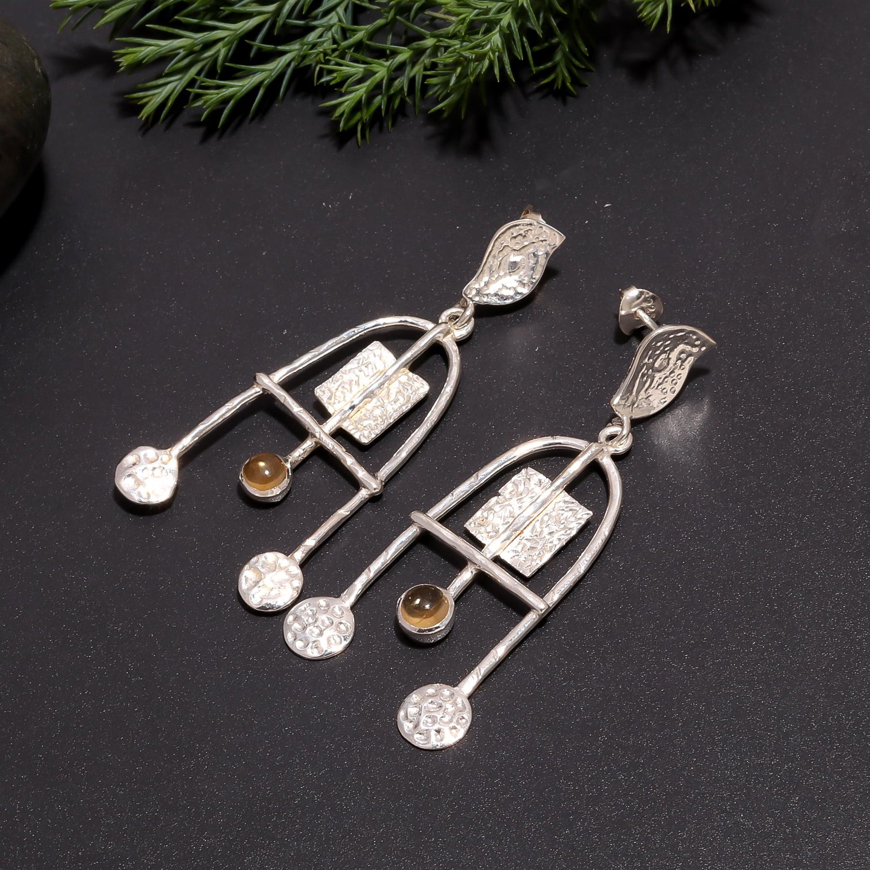 The Modernist Chandeliers: Silver Citrine Statement Earrings