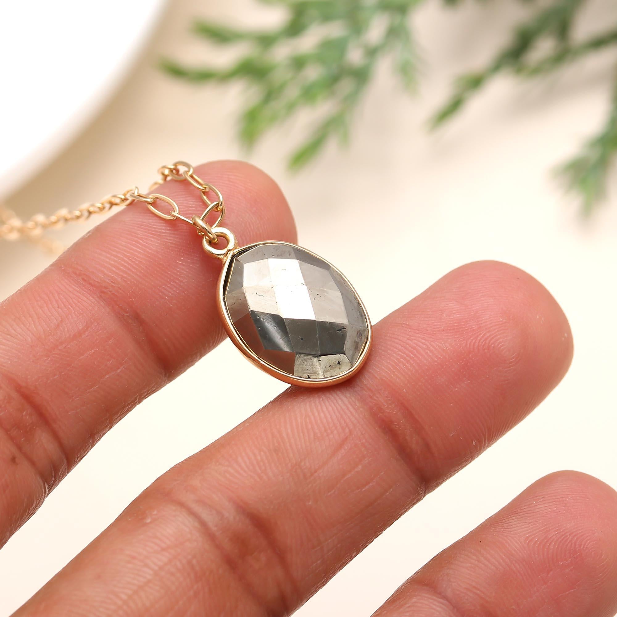 The Gilded Mirror: Faceted Pyrite Oval Necklace