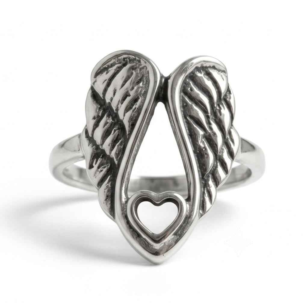 The Guardian's Embrace: Angel Wing Heart Silver Ring