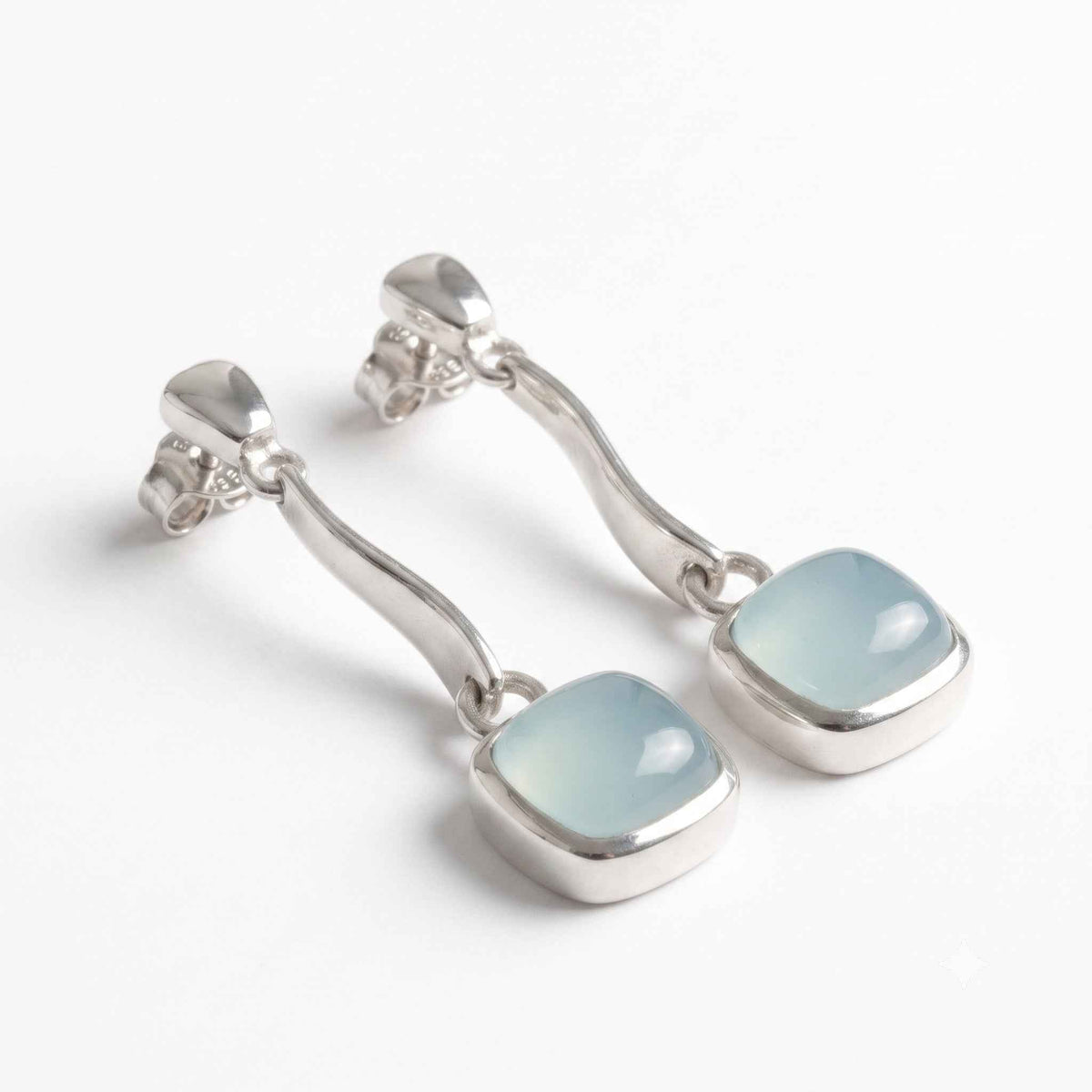 The Aqua Cascade: Wavy Silver Chalcedony Drop Earrings