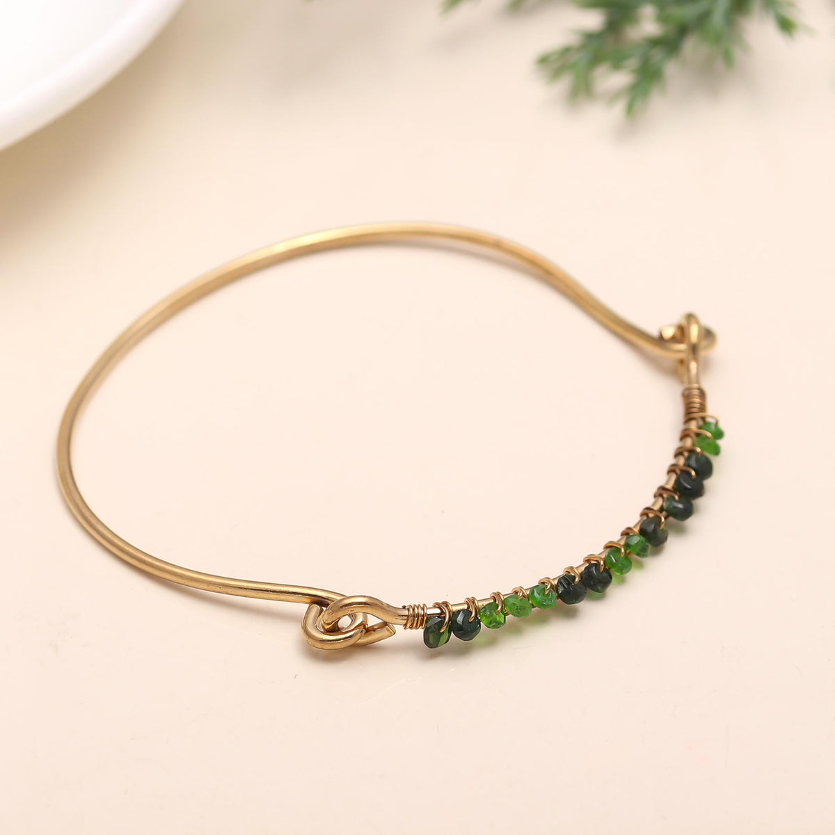 The Verdant Arc: Chrome Diopside Beaded Gold Bangle