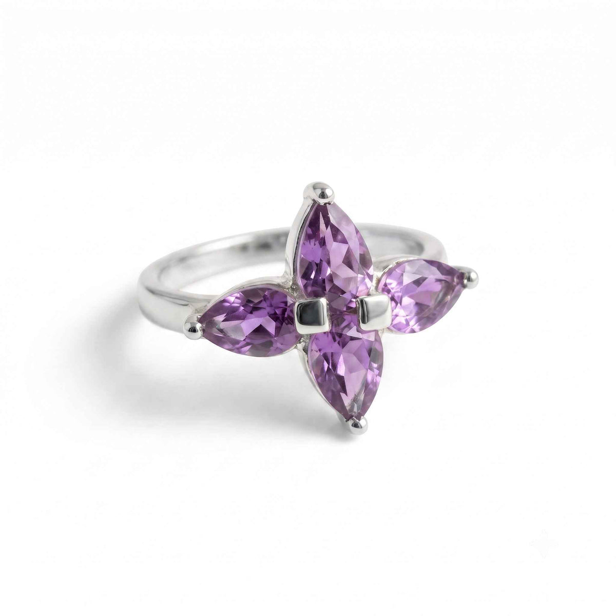 The Amethyst Blossom: Four-Stone Floral Silver Ring