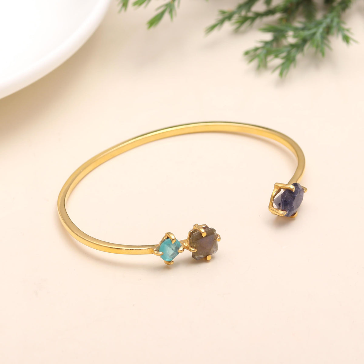 The Elemental Trio: Raw Multi-Gemstone Gold Cuff