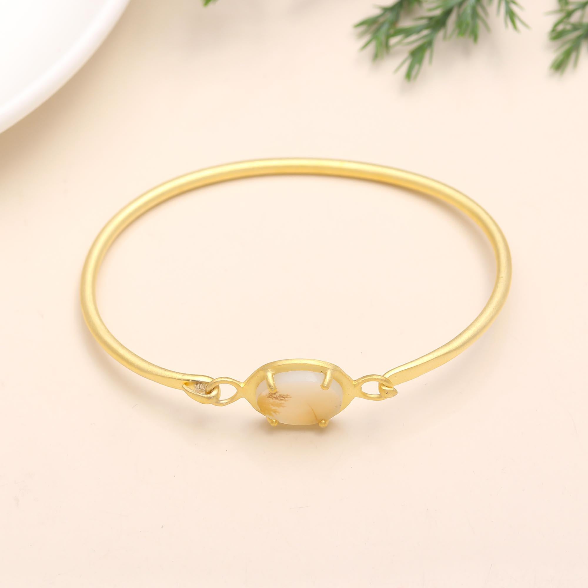 The Ethereal Canvas: White Dendritic Agate Gold Vermeil Bangle