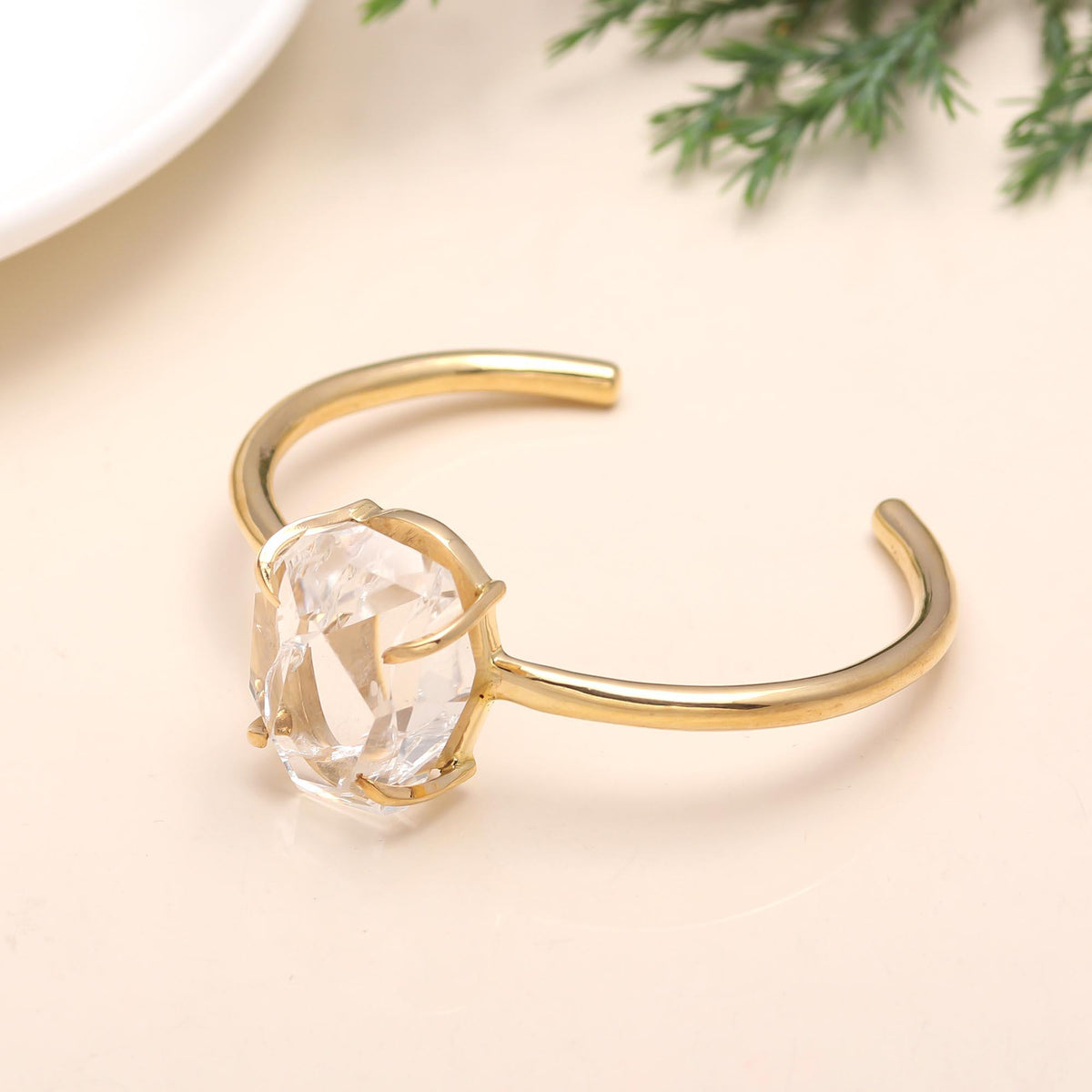 The Luminous Prism: Clear Crystal Quartz Gold Cuff