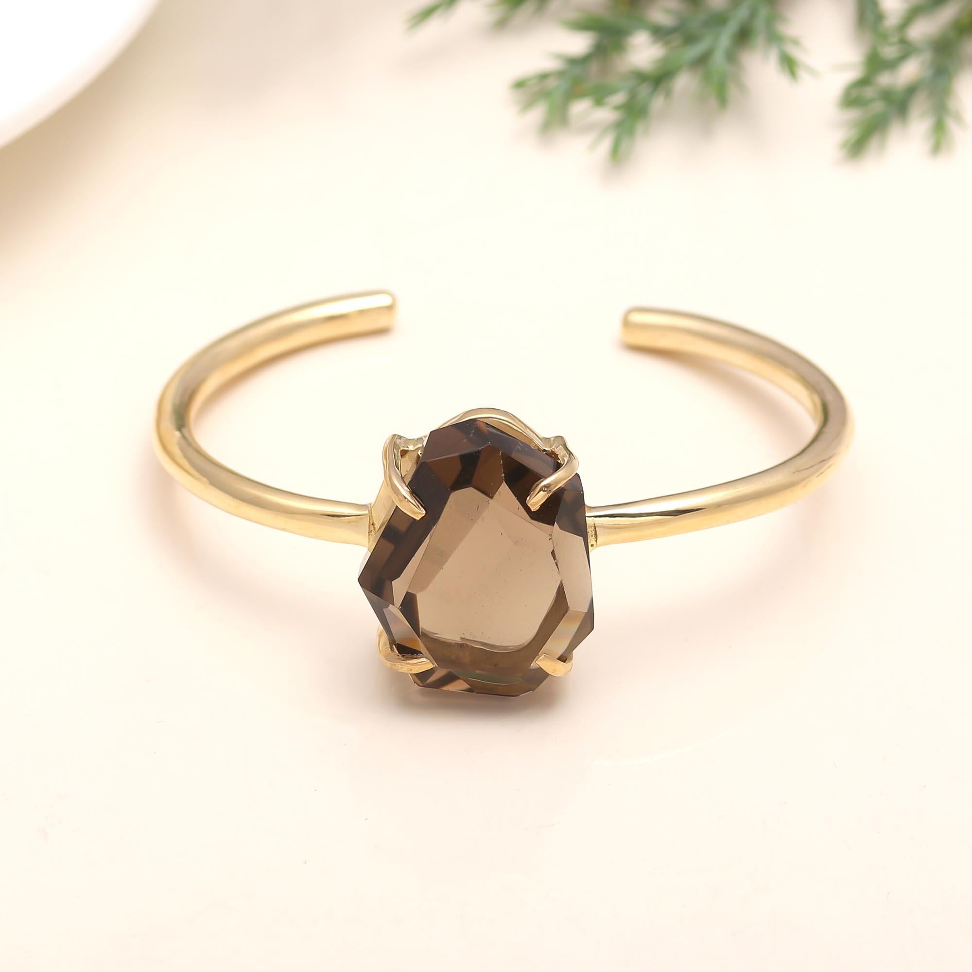 The Smoky Prism: Faceted Smoky Quartz Gold Cuff