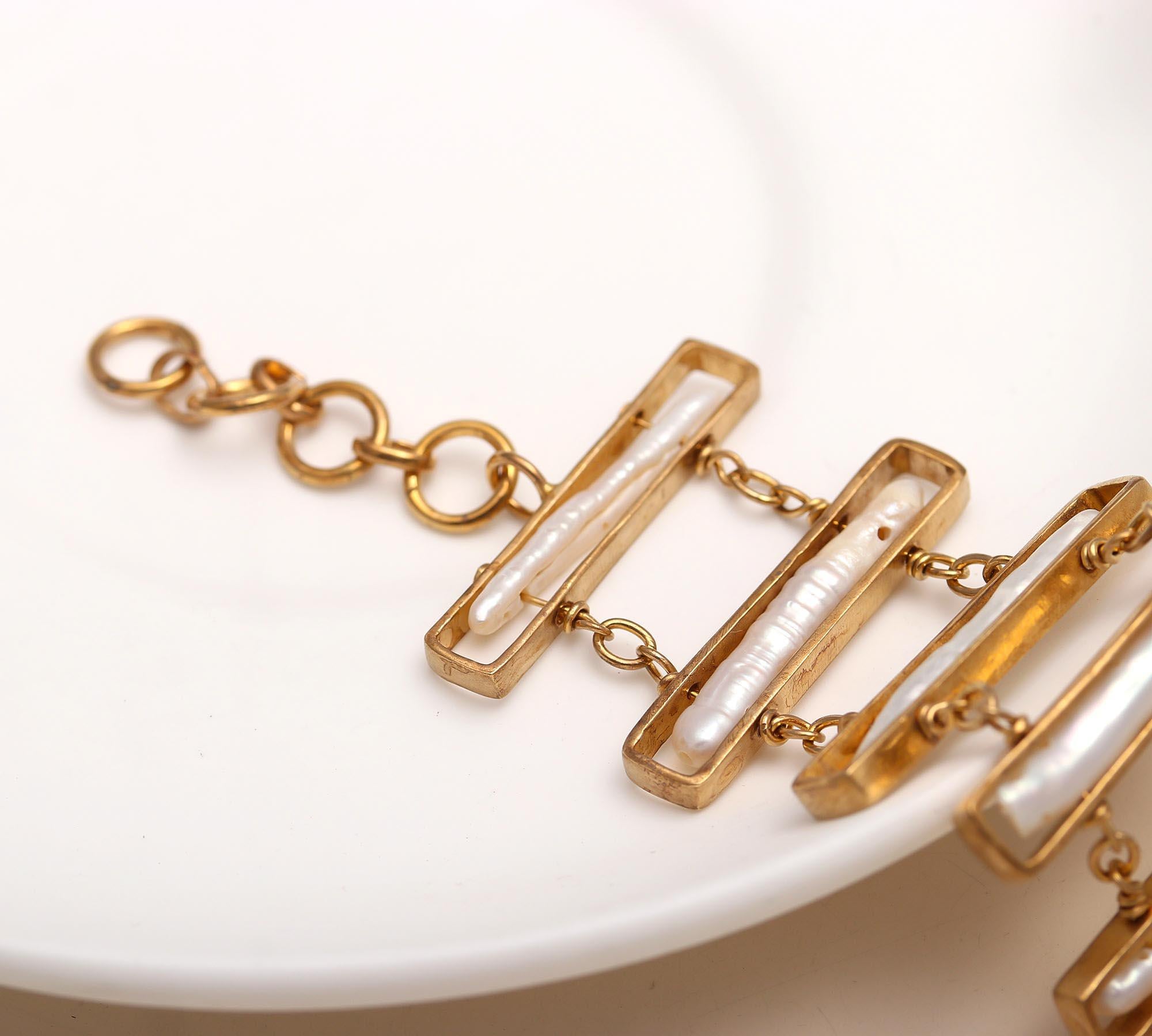 Brass Bracelet with Biwa Pearls