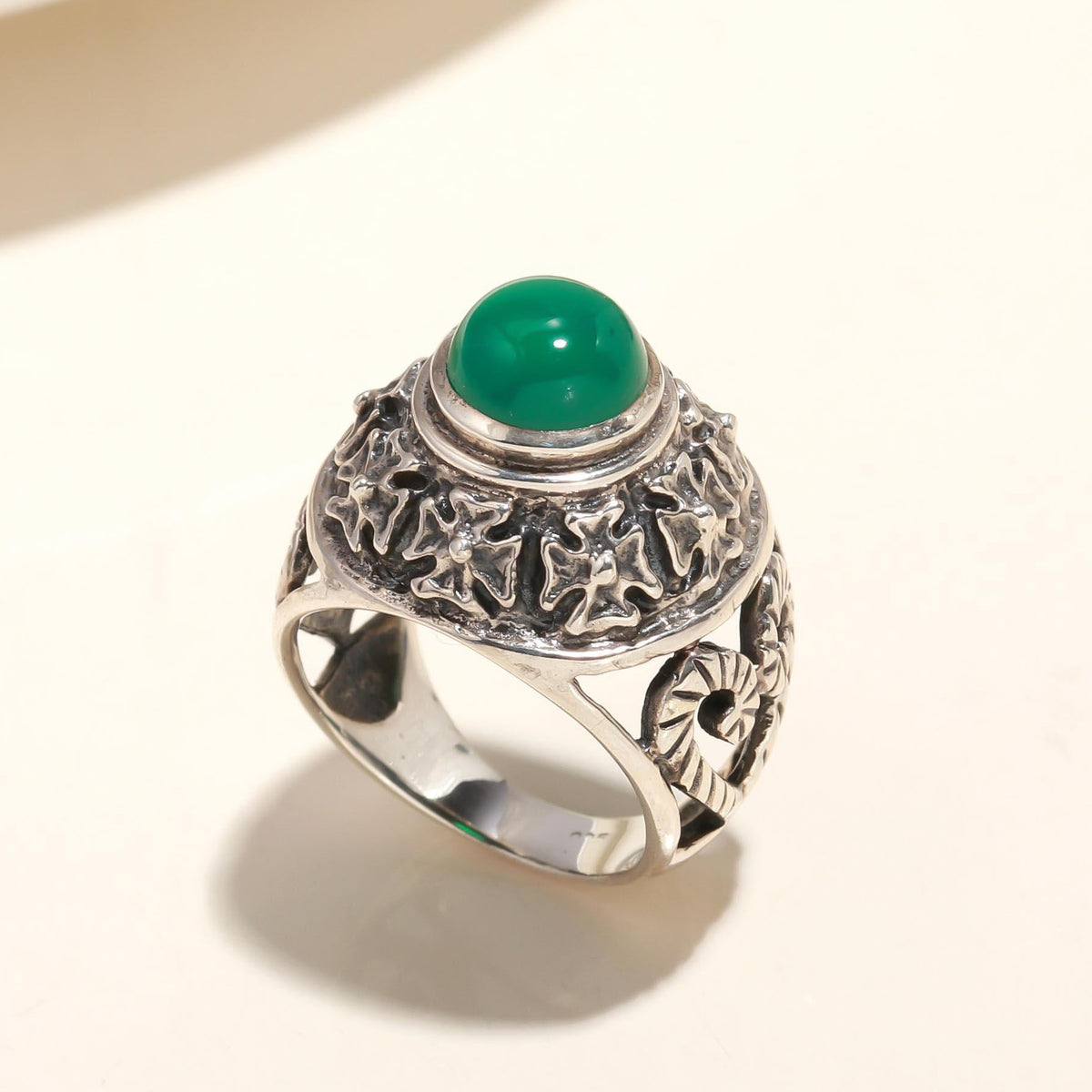 925 Sterling Silver Green Onyx Wide Ring