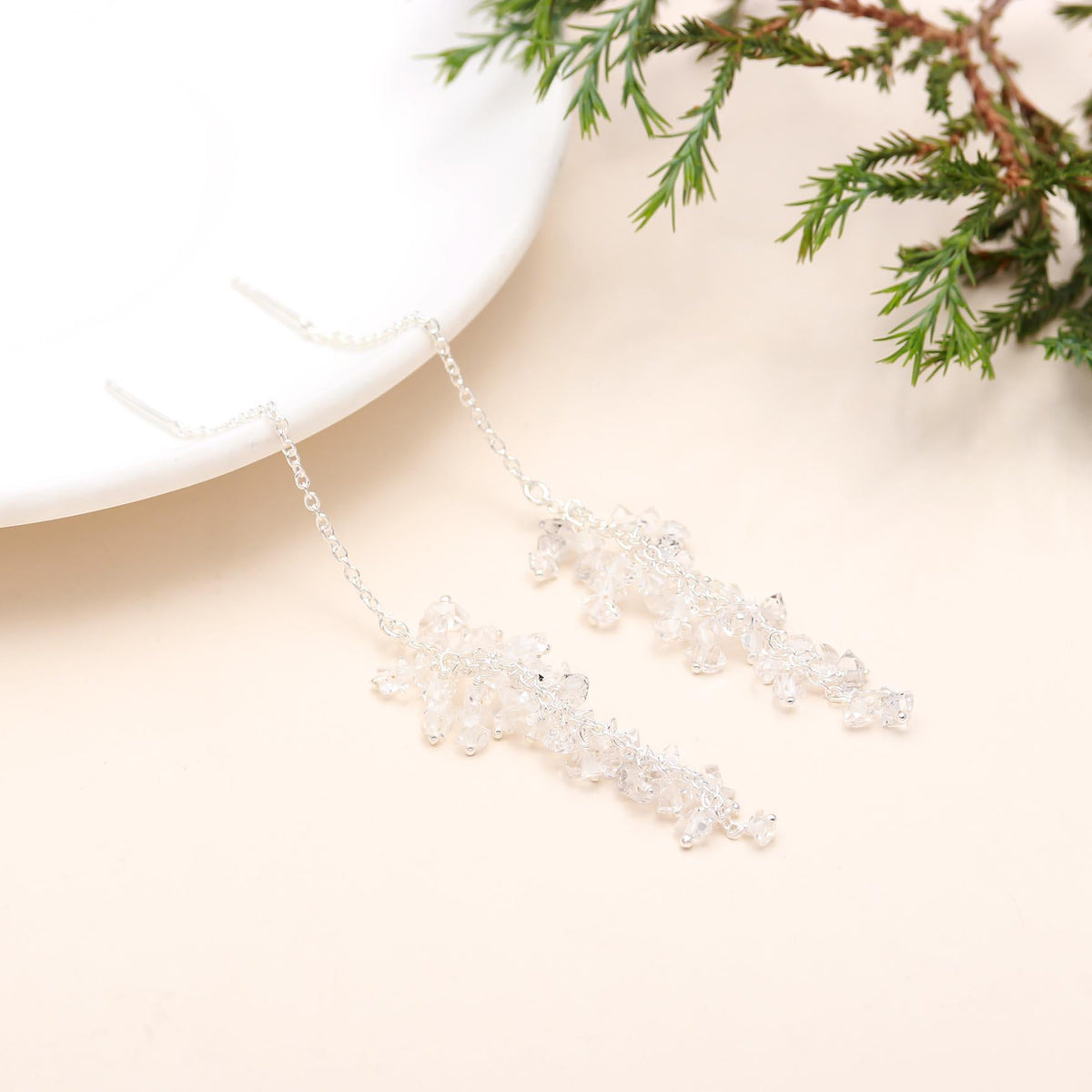 The Glacial Cascade: Herkimer Diamond Cluster Threader Earrings