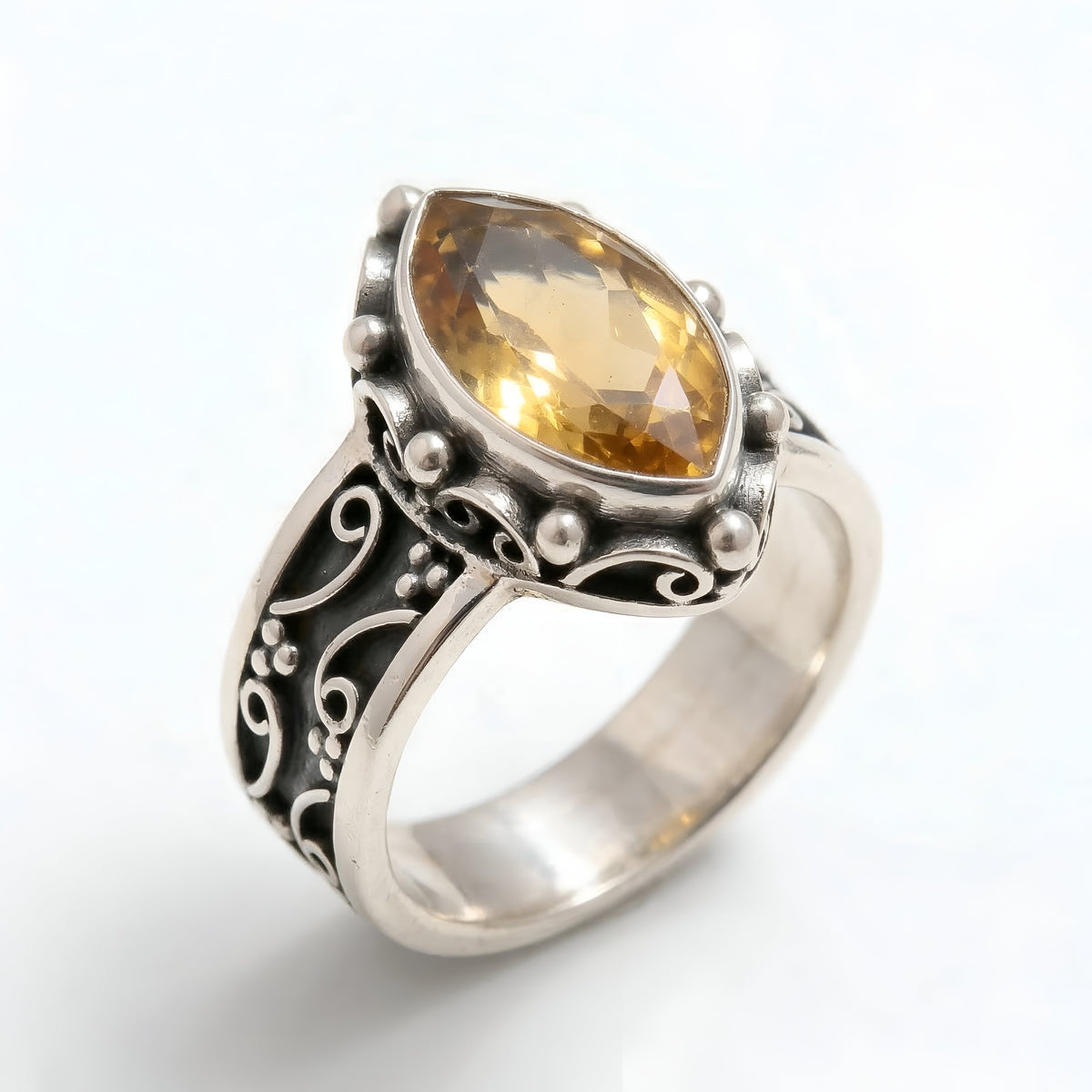The Vintage Scroll: Citrine Oxidized Silver Filigree Ring