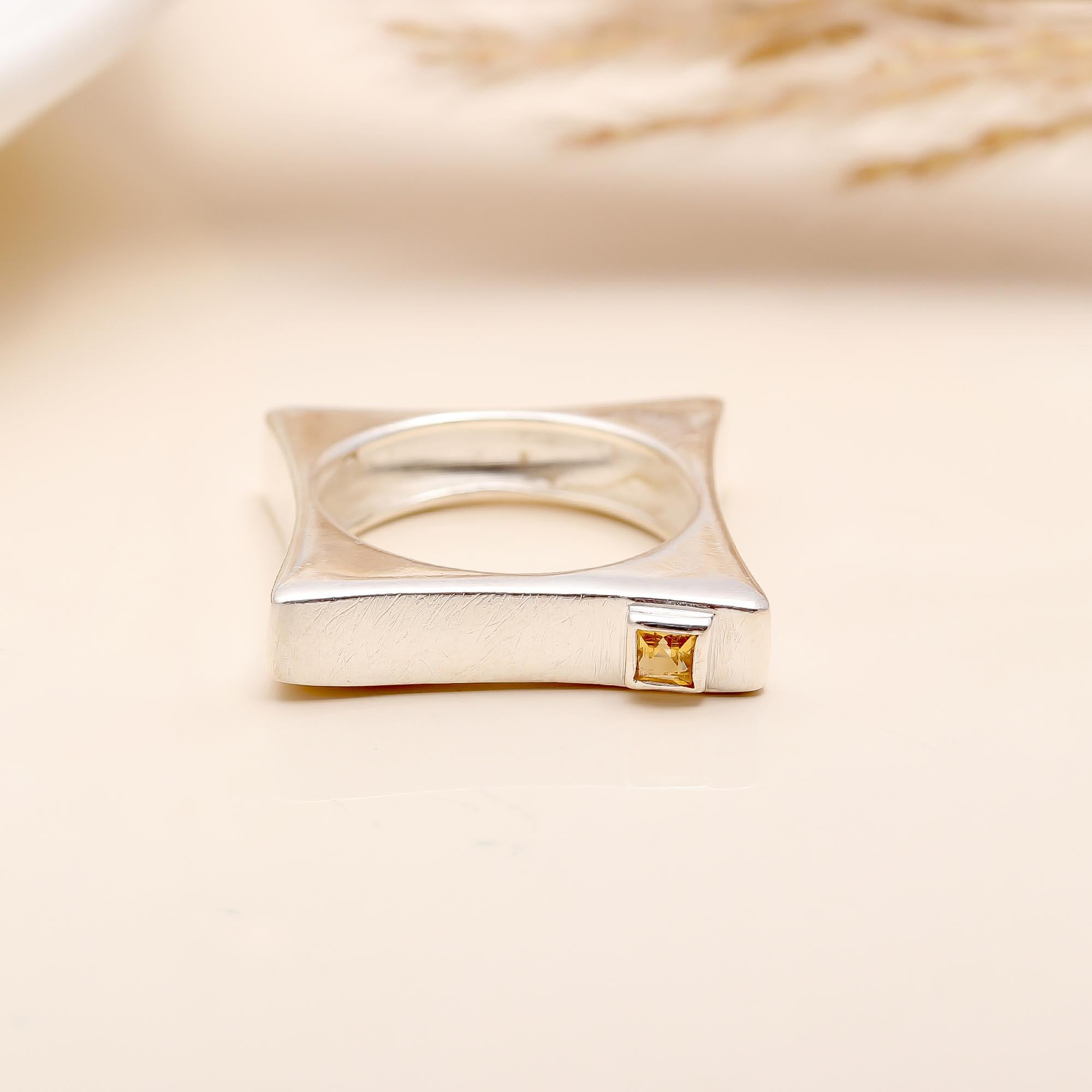 The Modern Cube: Citrine & Brushed Silver Square Ring