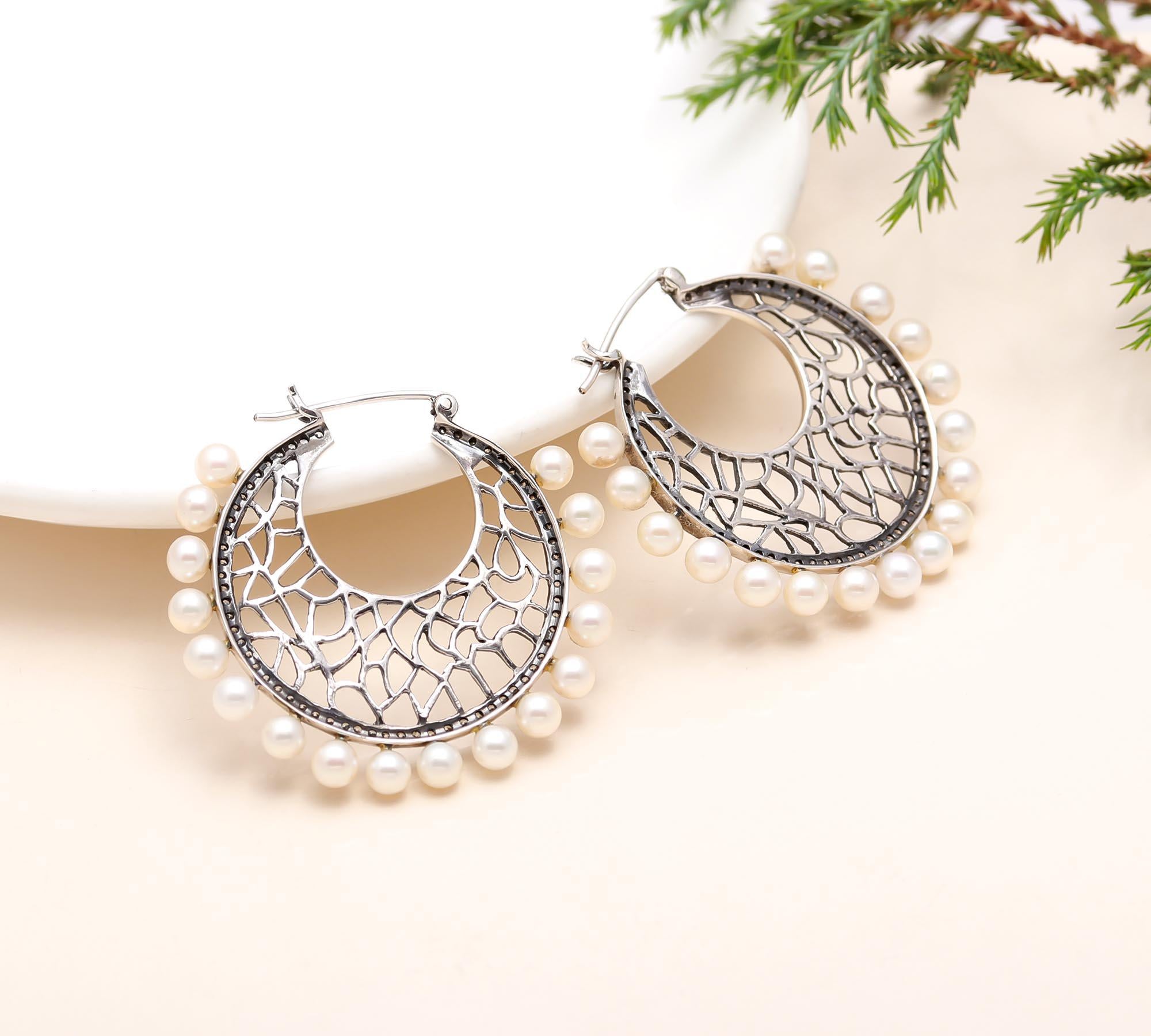 The Pearl Crescent: Filigree Silver & Pearl Hoops