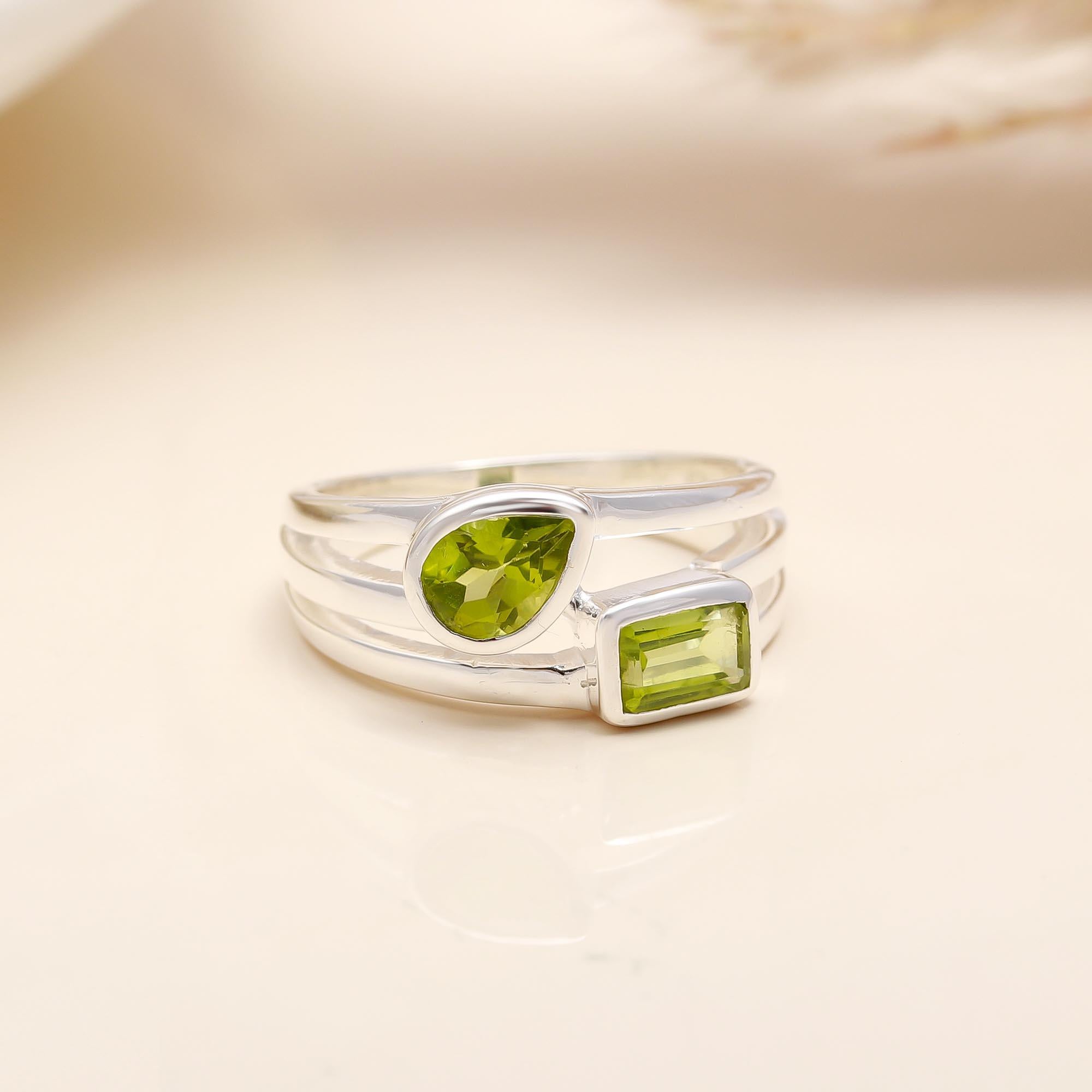 The Verdant Duo: Peridot Multi-Shape Silver Ring