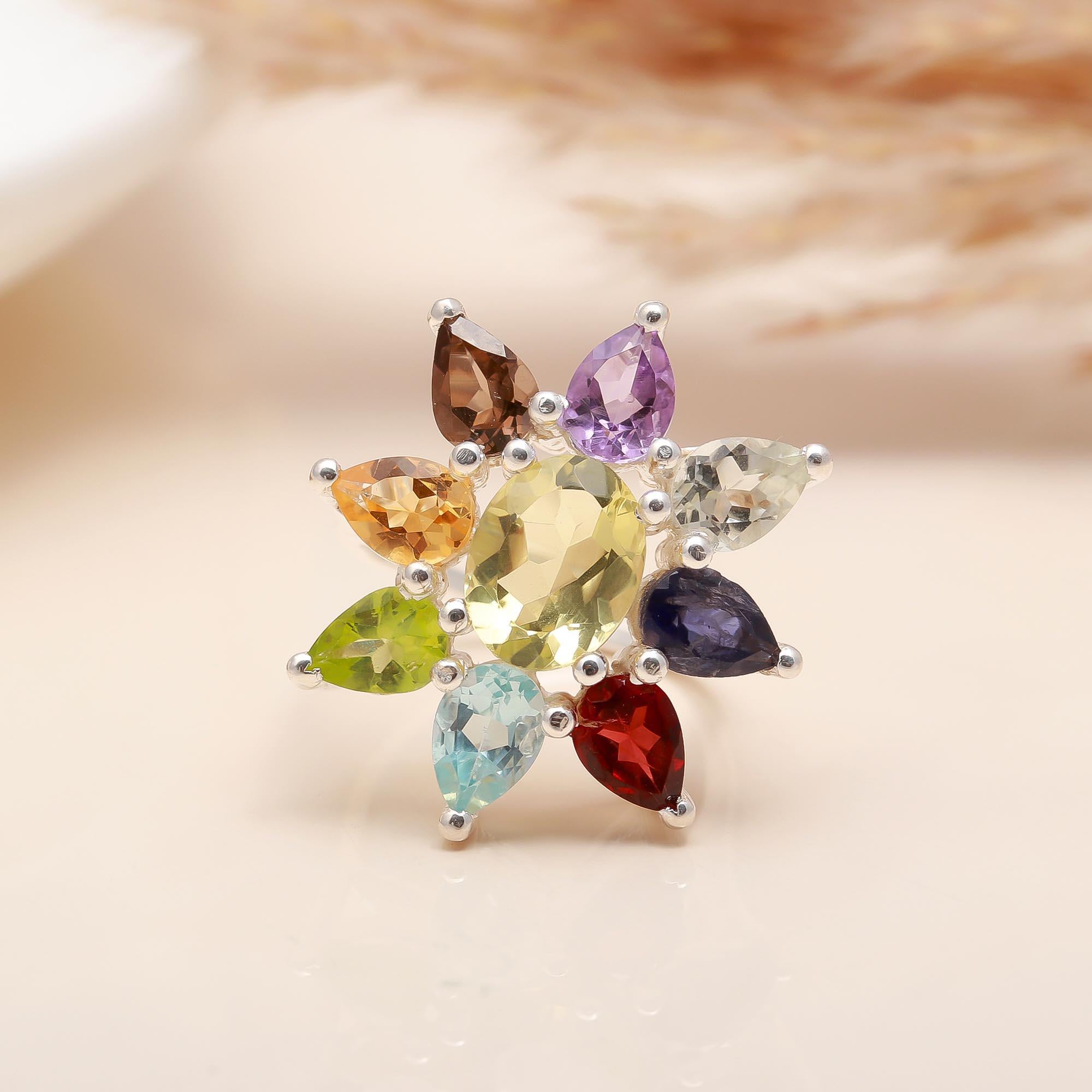 The Chroma Bloom: Multi-Gemstone Floral Cluster Ring