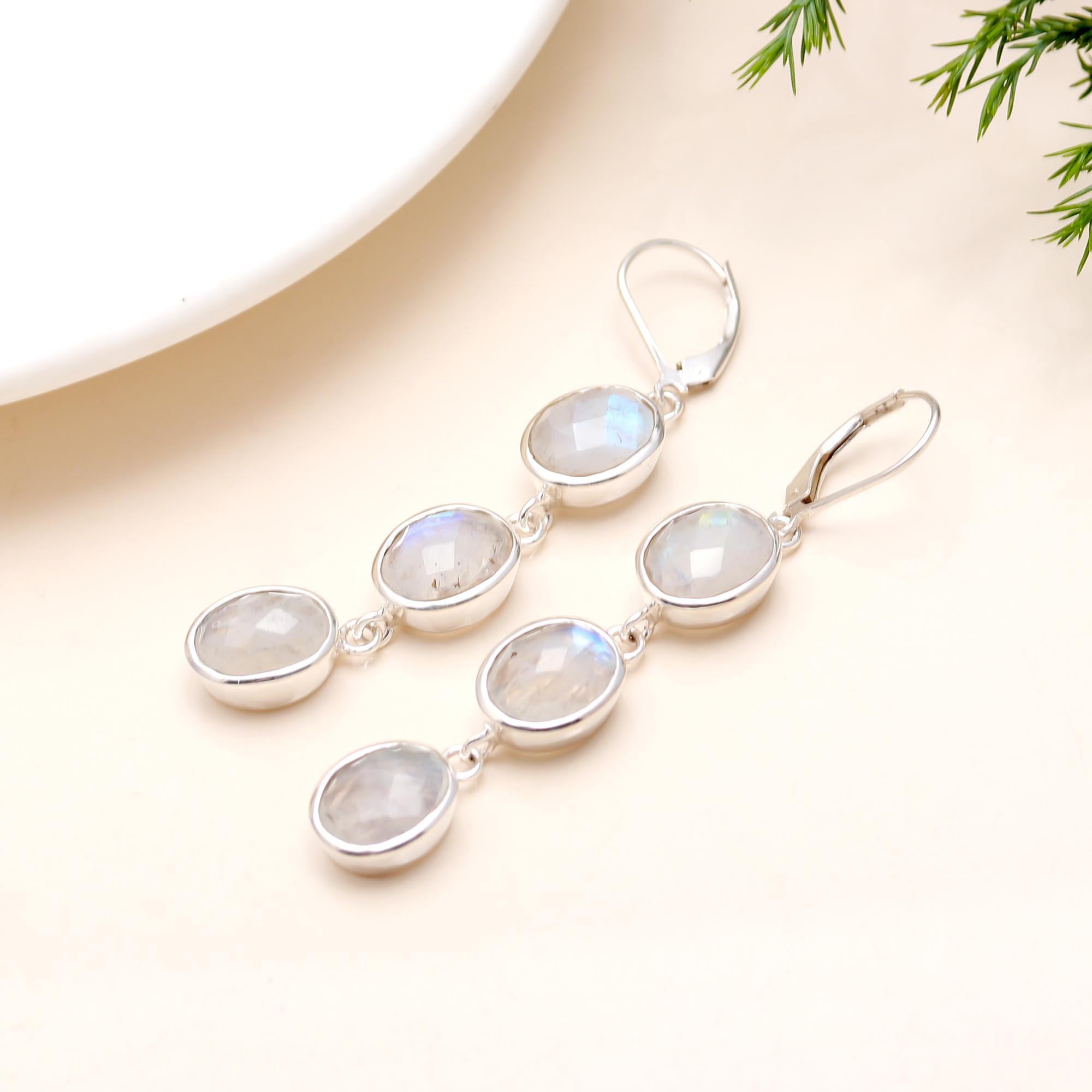 The Lunar Trio: Rainbow Moonstone & Silver Drop Earrings