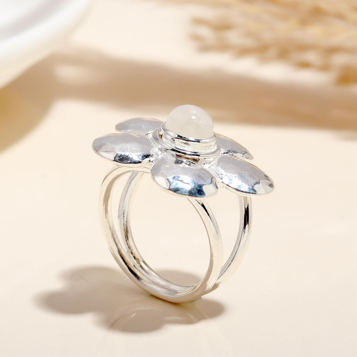 Sterling Silver Hammered Flower Moonstone Ring