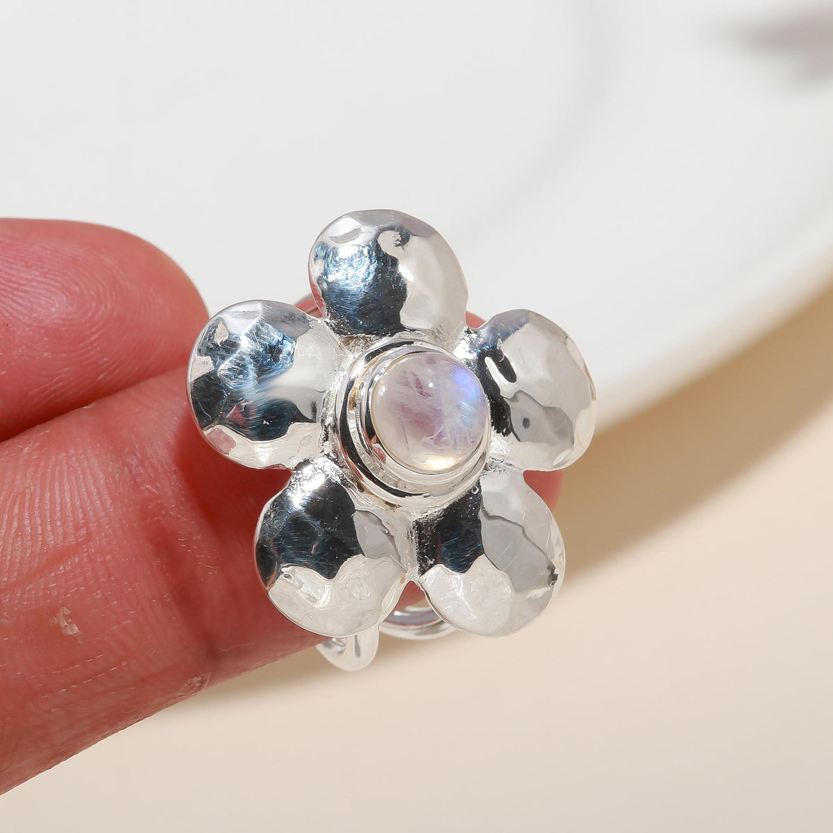 Sterling Silver Hammered Flower Moonstone Ring