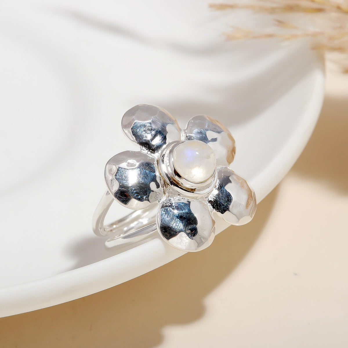 Sterling Silver Hammered Flower Moonstone Ring