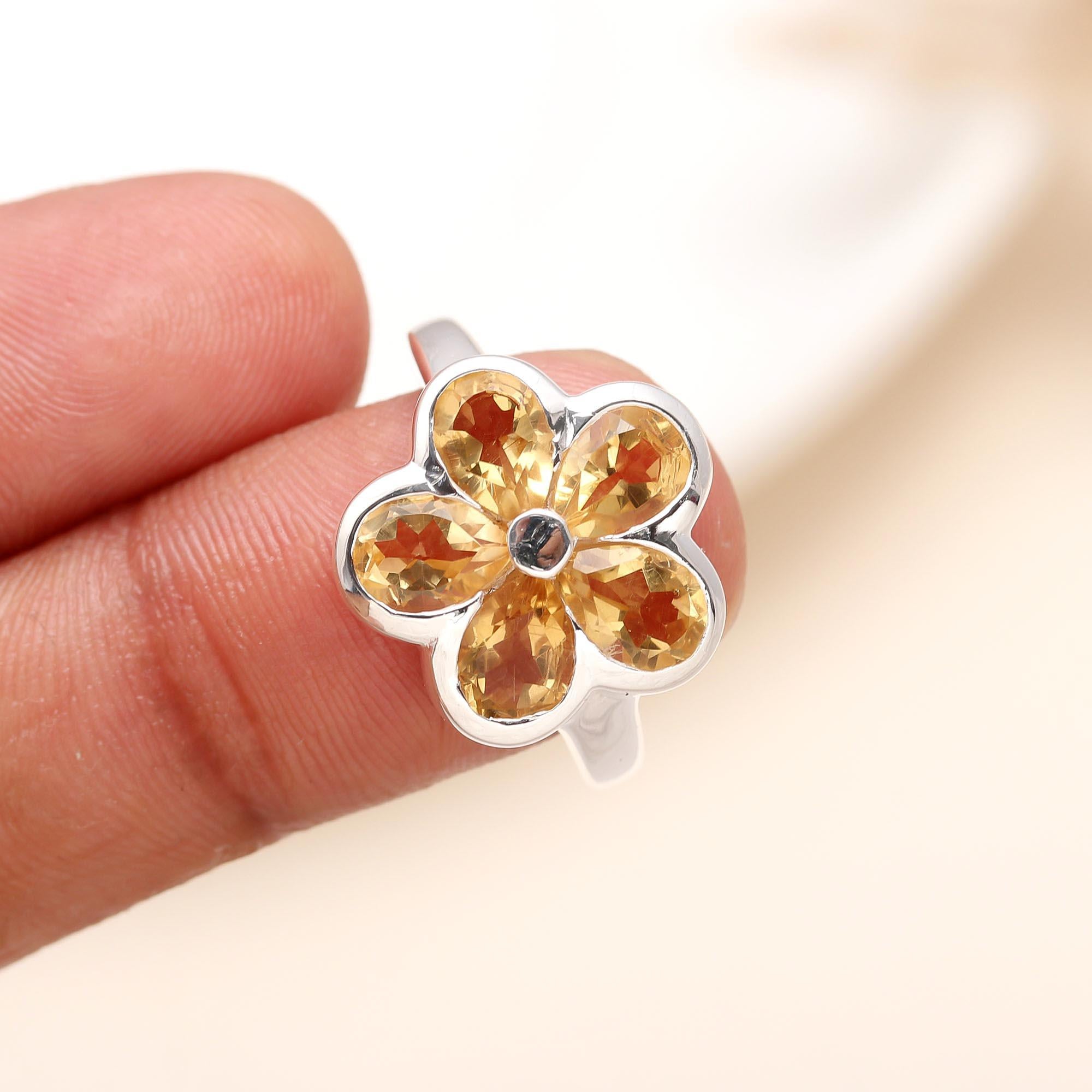 925 Silver Citrine Floral Ring