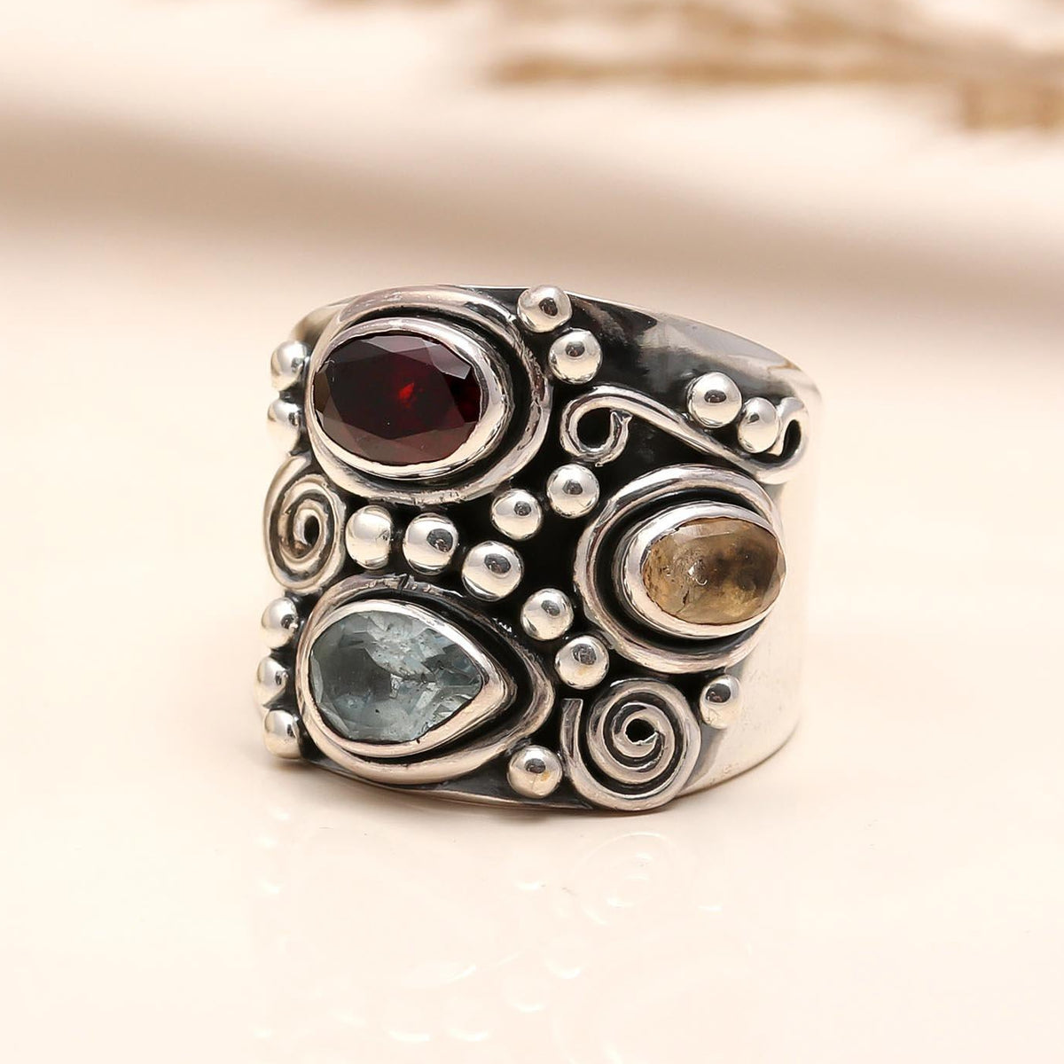 925 Silver Multi-Stone Wide Band Ring