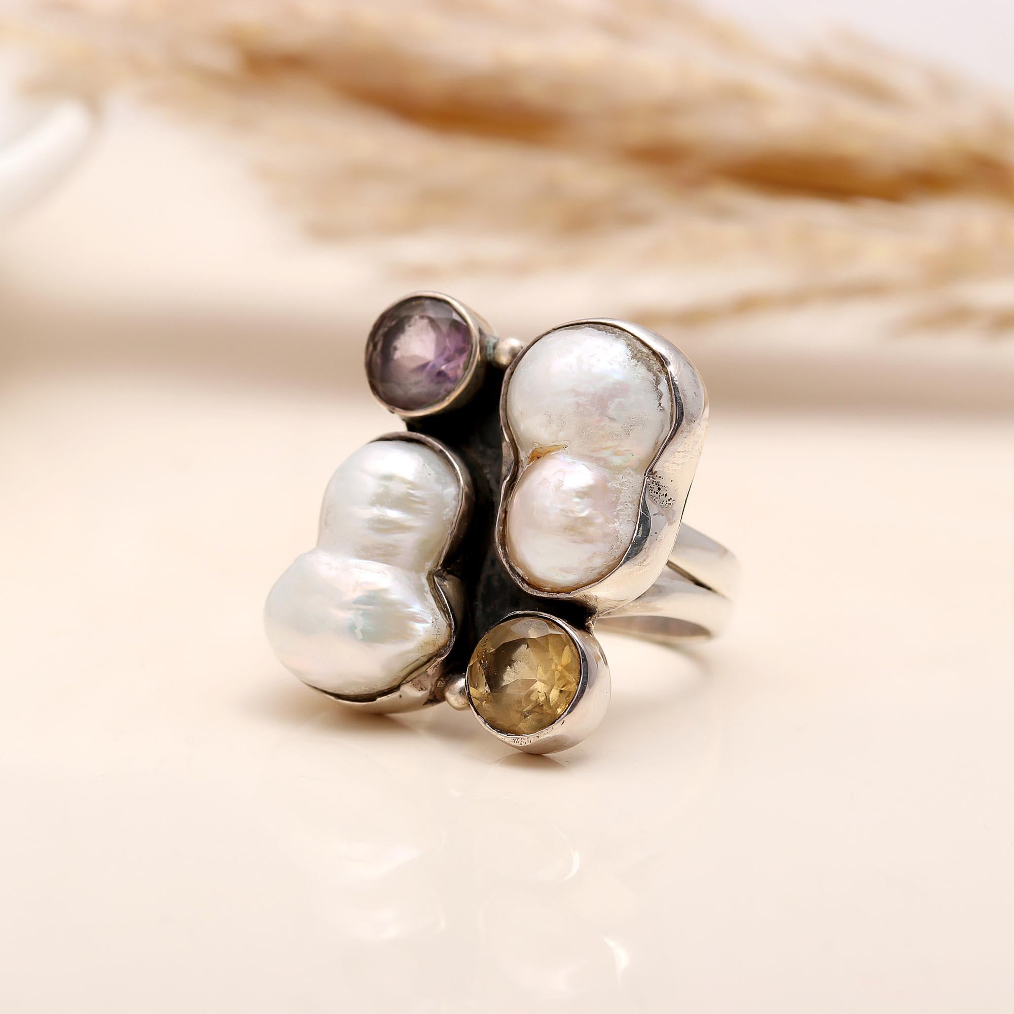 The Luminous Cluster: Baroque Pearl  Multi-Gemstone Ring
