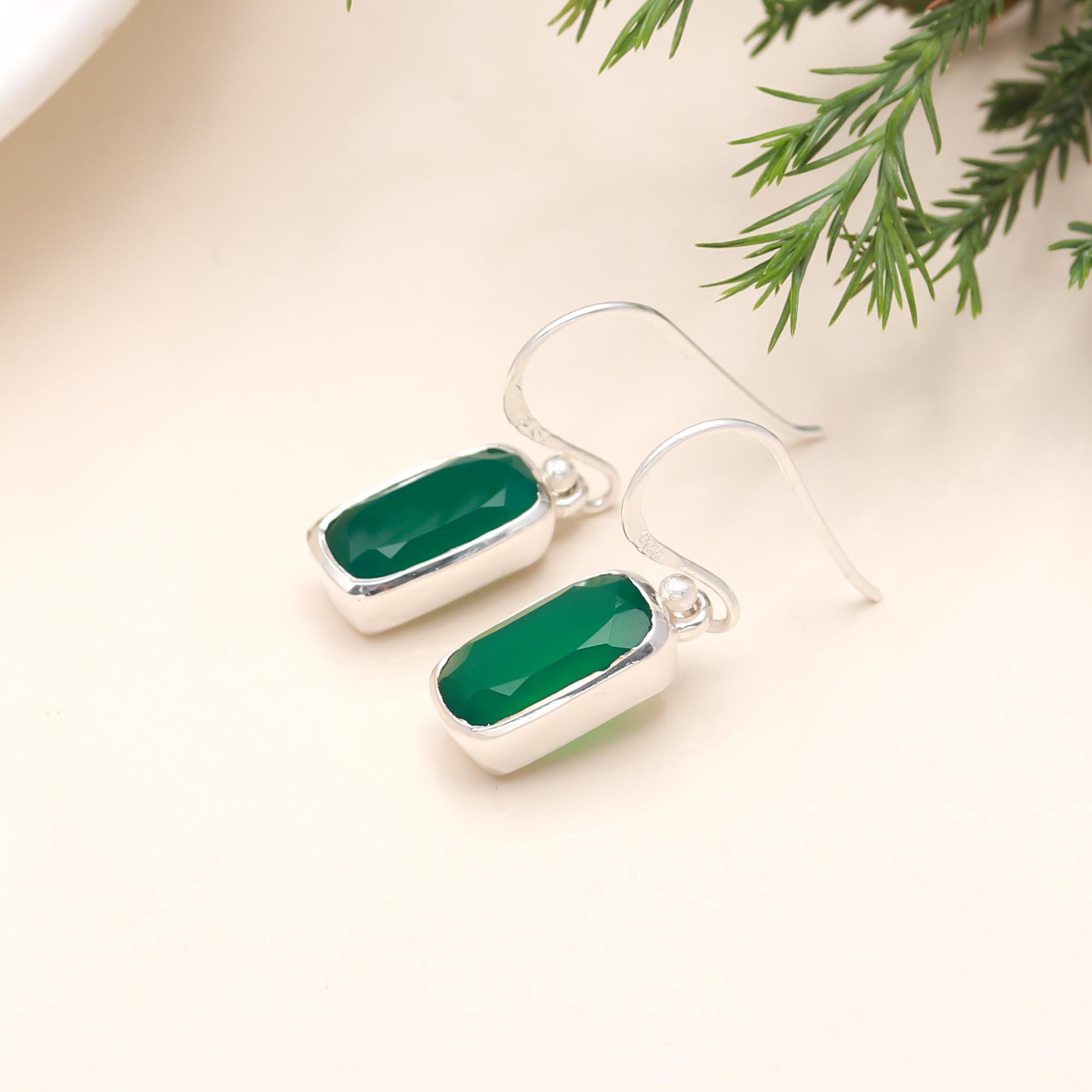 The Verdant Geo : Green Onyx & Silver Drop Earrings