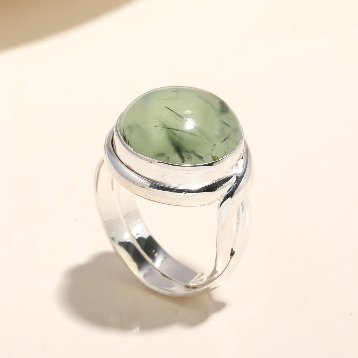 The Serene Orb: Prehnite Cabochon Silver Solitaire Ring