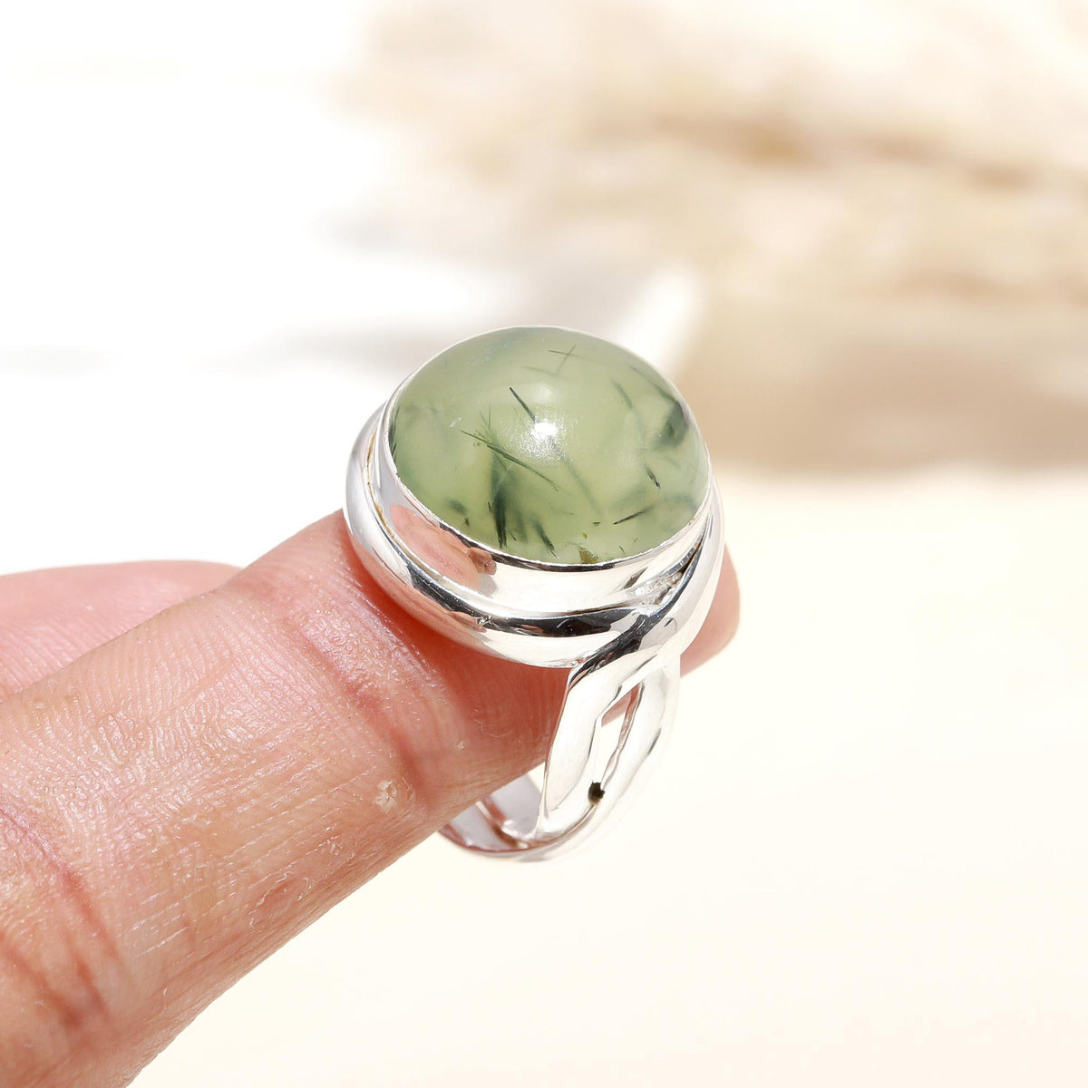 The Serene Orb: Prehnite Cabochon Silver Solitaire Ring