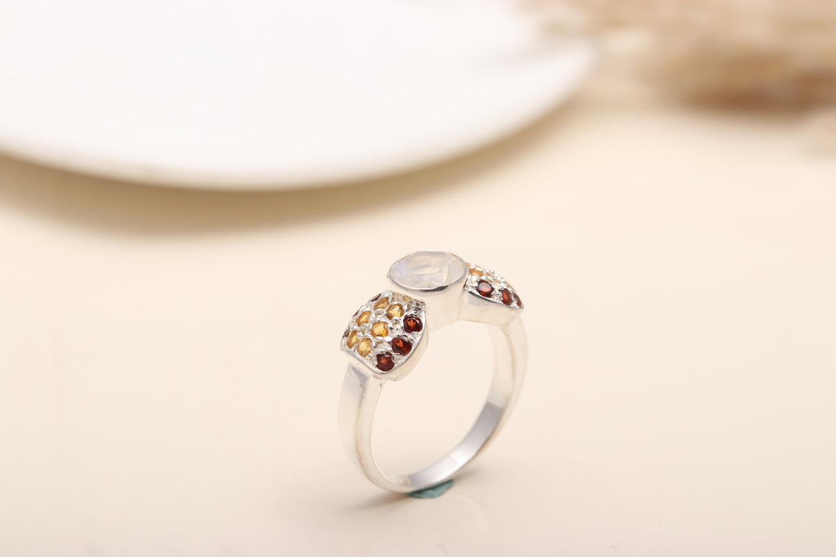 925 Silver Rainbow Moonstone Ring with Garnet and Citrine close-up