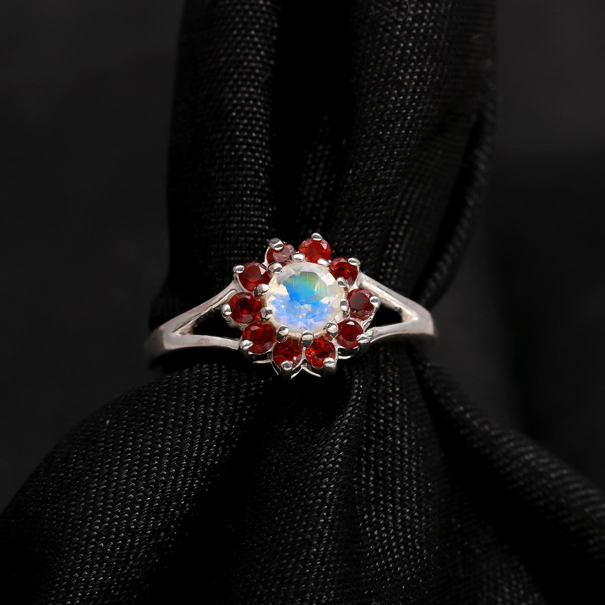 Moonstone and garnet floral silver ring