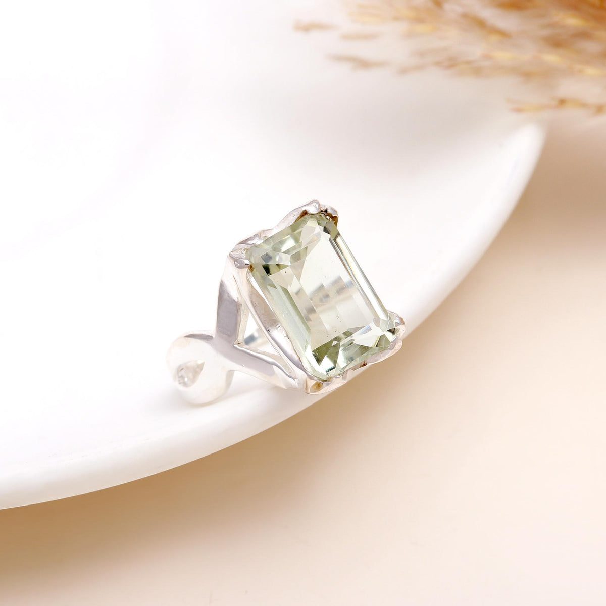 925 Silver Emerald Cut Green Amethyst Ring front view