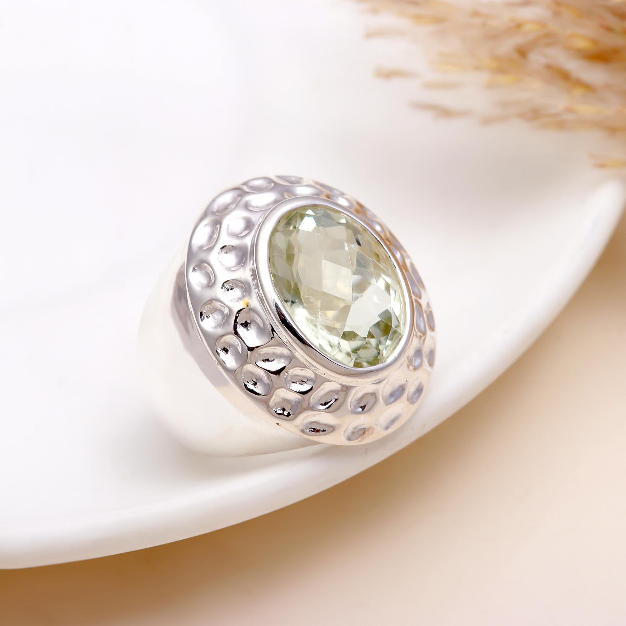 925 Silver Oval Green Amethyst Statement Ring with Textured Band front view