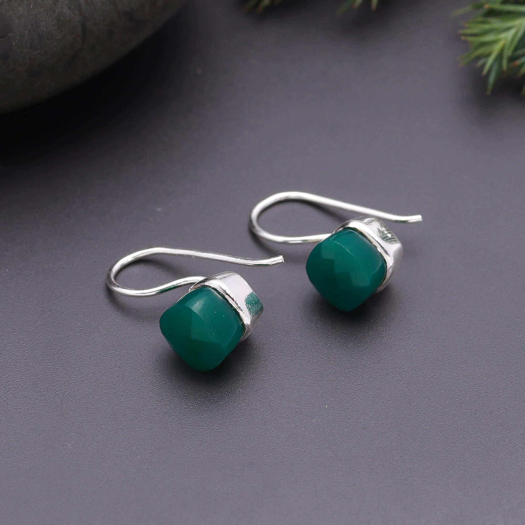 925 Silver Green Onyx Dangle Earrings