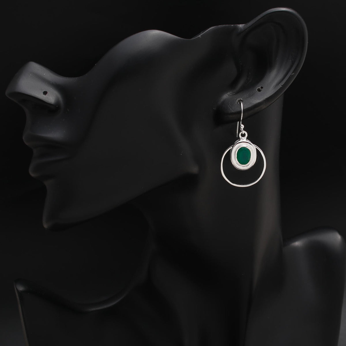 925 Silver Green Onyx Oval Dangle Earrings