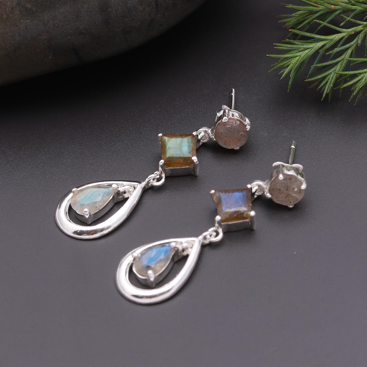925 Silver Labradorite Multi-Stone Drop Earrings