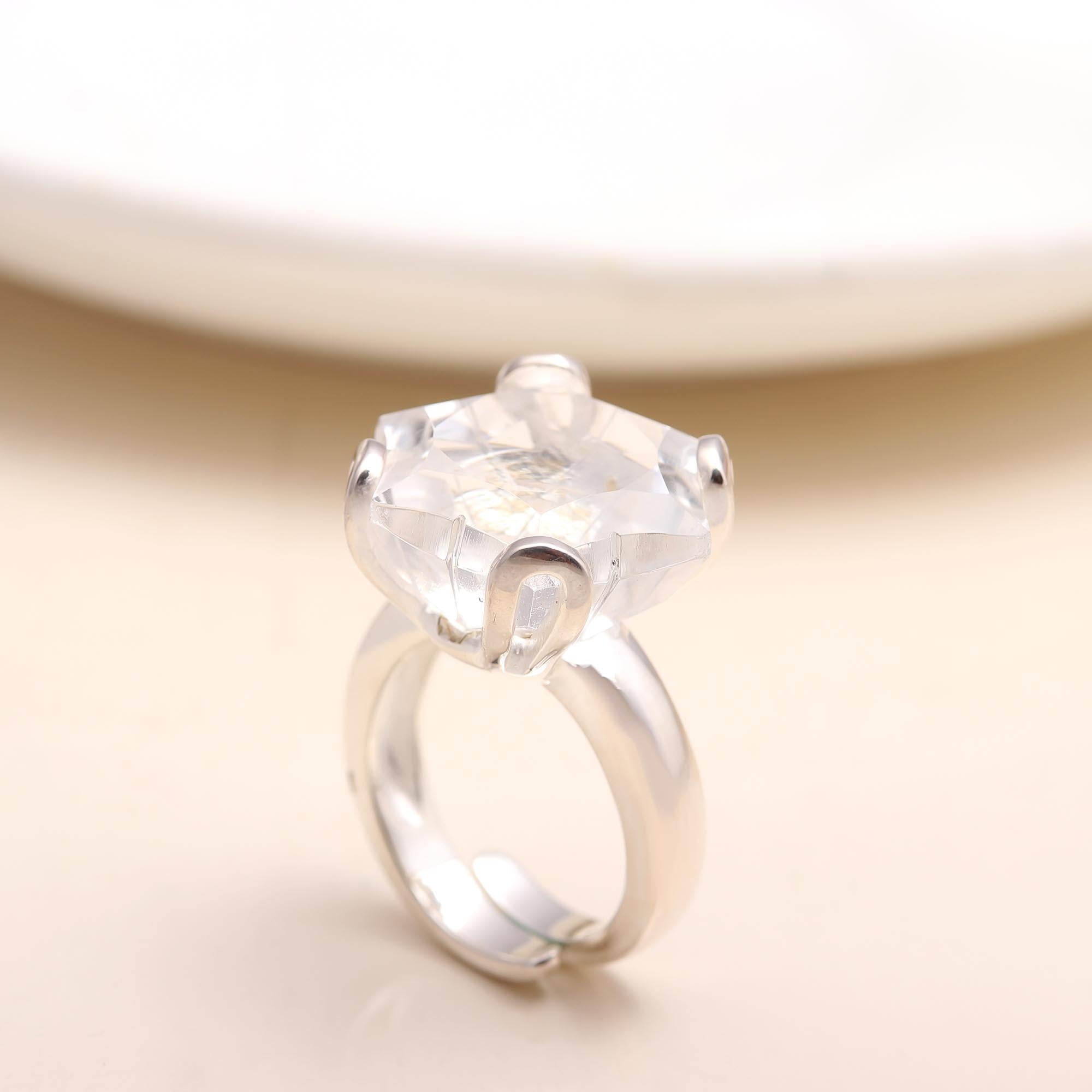 Handmade sterling silver hexagon cut clear quartz ring