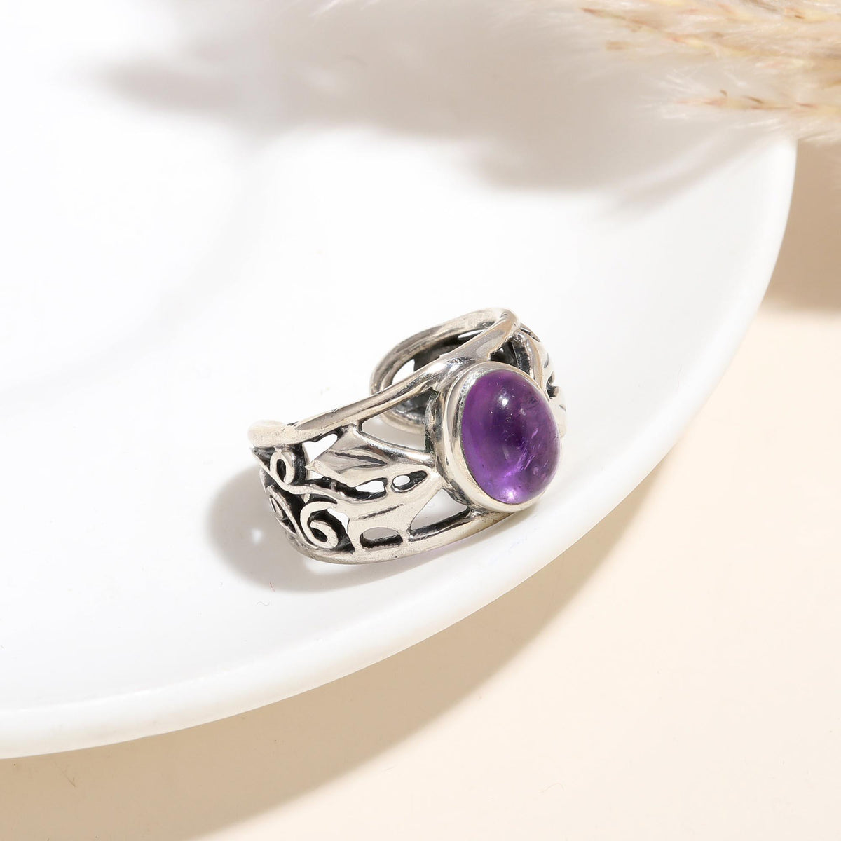 The Violet Scroll: Amethyst Silver Leaf Ring