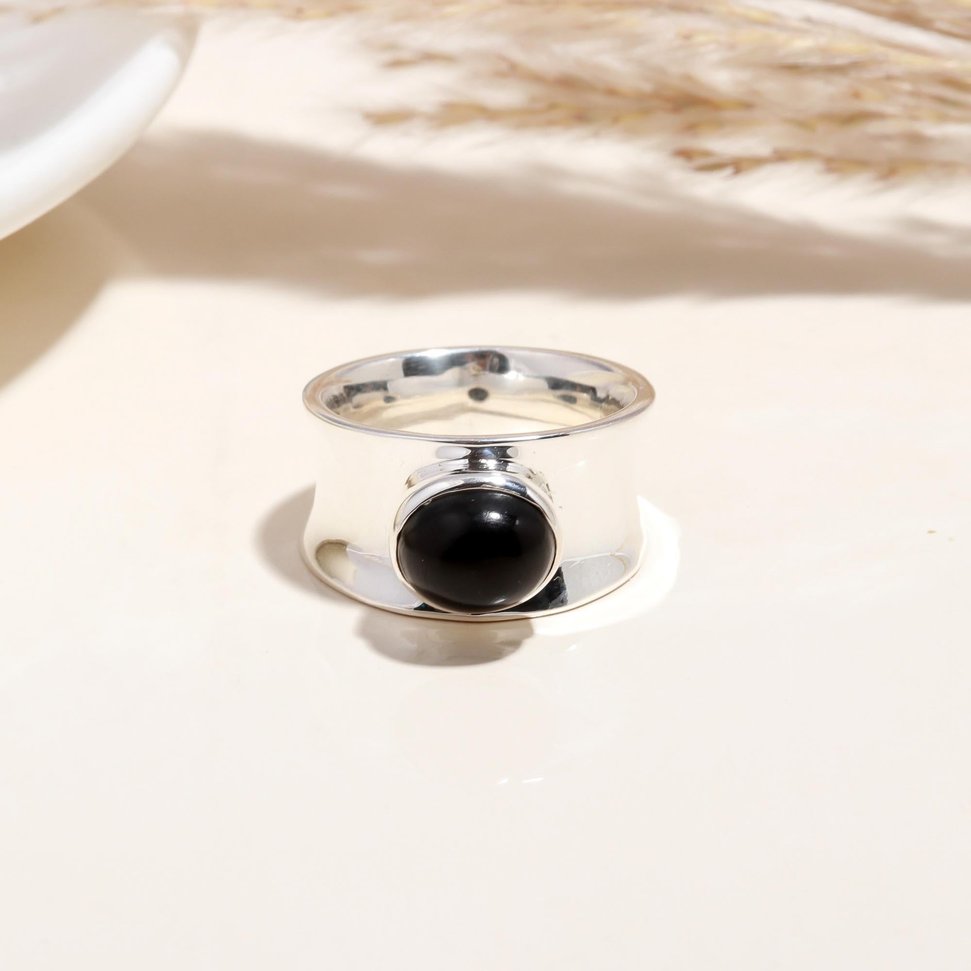 The Midnight Curve: Black Onyx Wide Band Silver Ring
