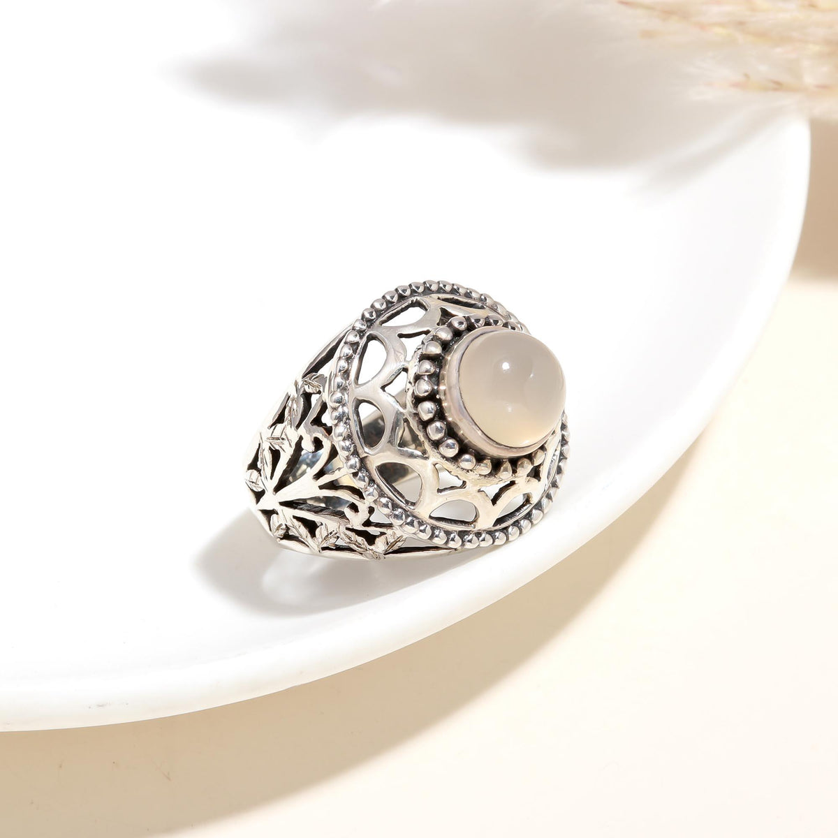 The Lunar Palace: Grey Moonstone & Silver Filigree Ring