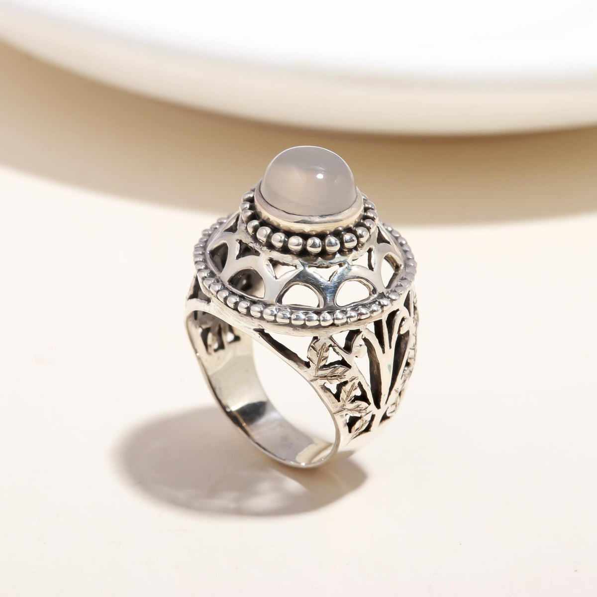The Lunar Palace: Grey Moonstone & Silver Filigree Ring