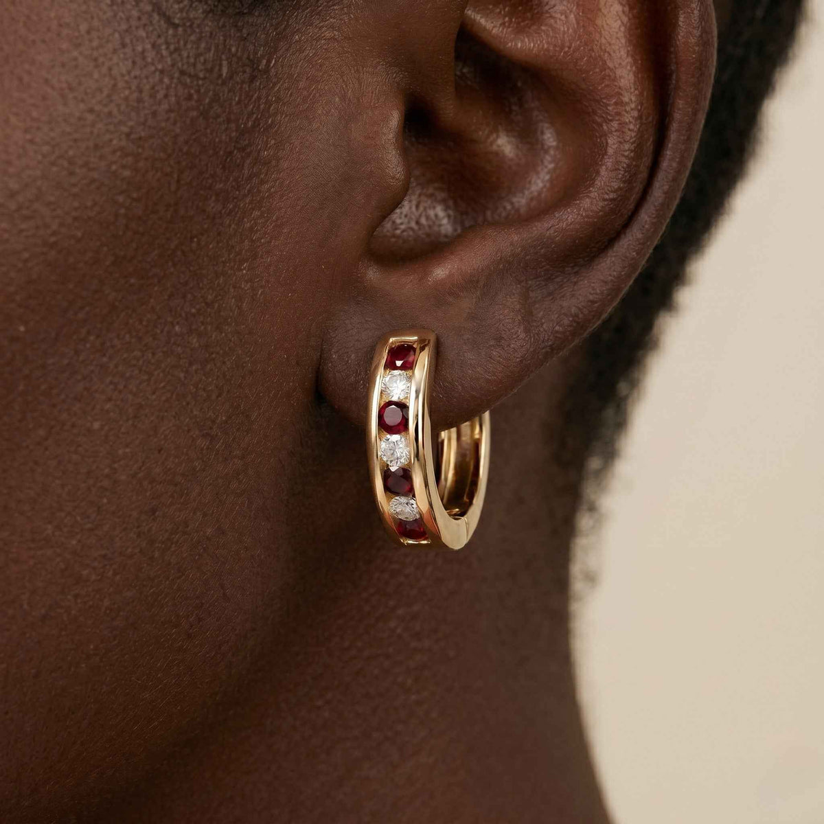 The Regal Rhythm: Gold Plated Ruby & Clear Stone Huggie Hoops