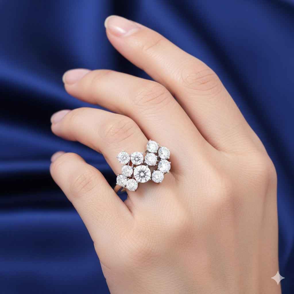 The Starlight Burst: 4.14ct Round Moissanite Cluster Statement Ring